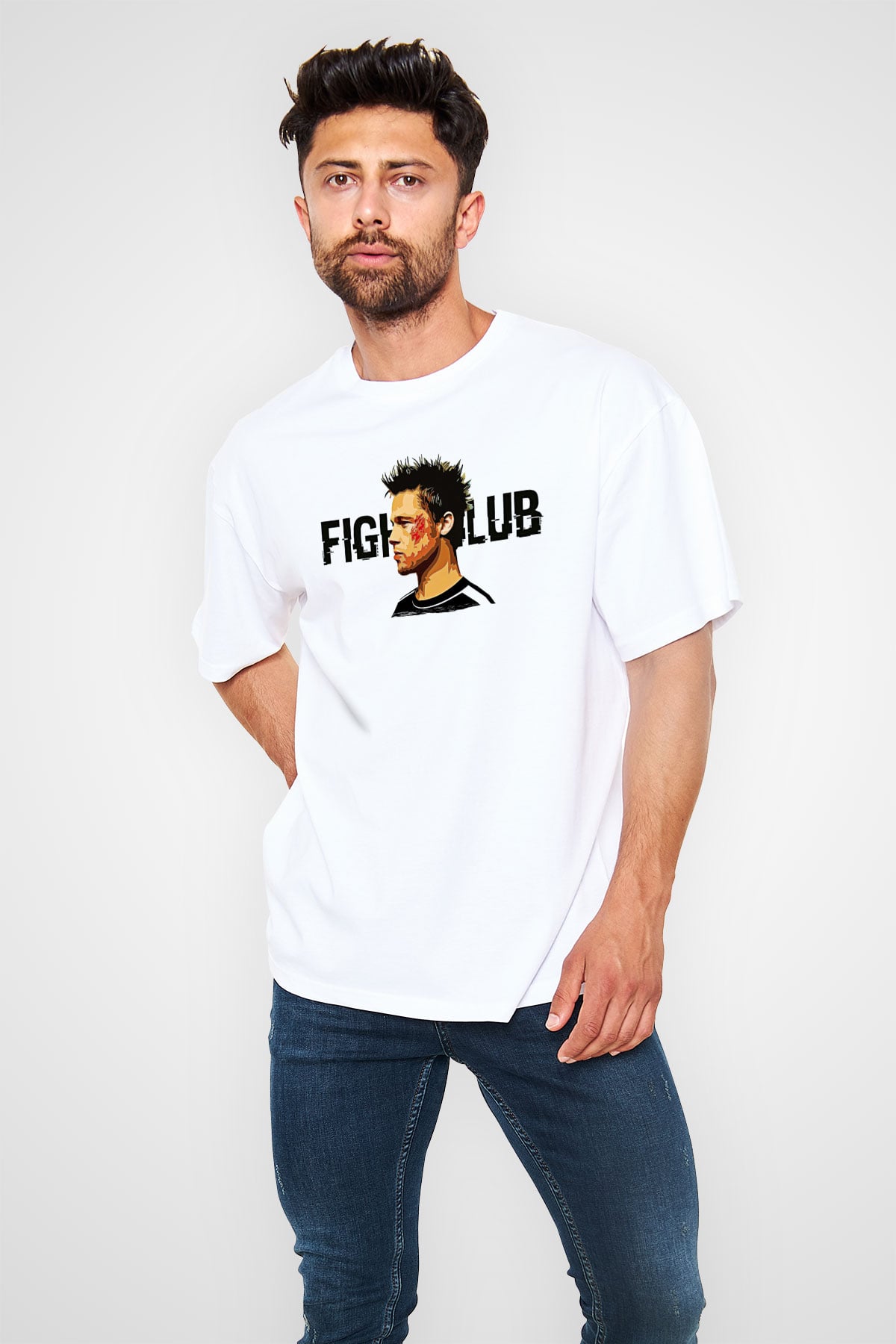 Fight Club (Tyler Durden) Baskılı Beyaz Unisex Oversize Tişört - Tshirt