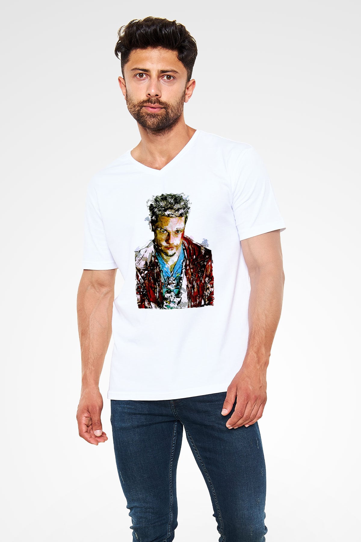 Fight Club (Tyler Durden) Baskılı Beyaz Unisex V Yaka Tişört - Tshirt