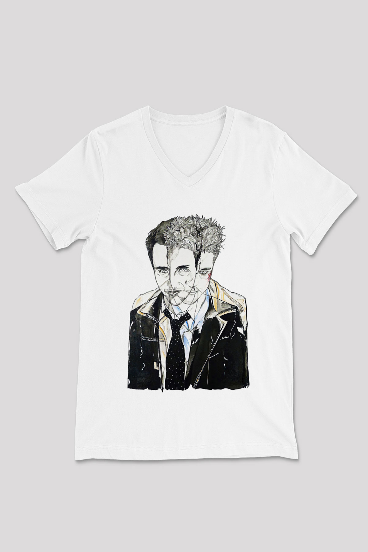 Fight Club (Tyler Durden) Baskılı Beyaz Unisex V Yaka Tişört - Tshirt