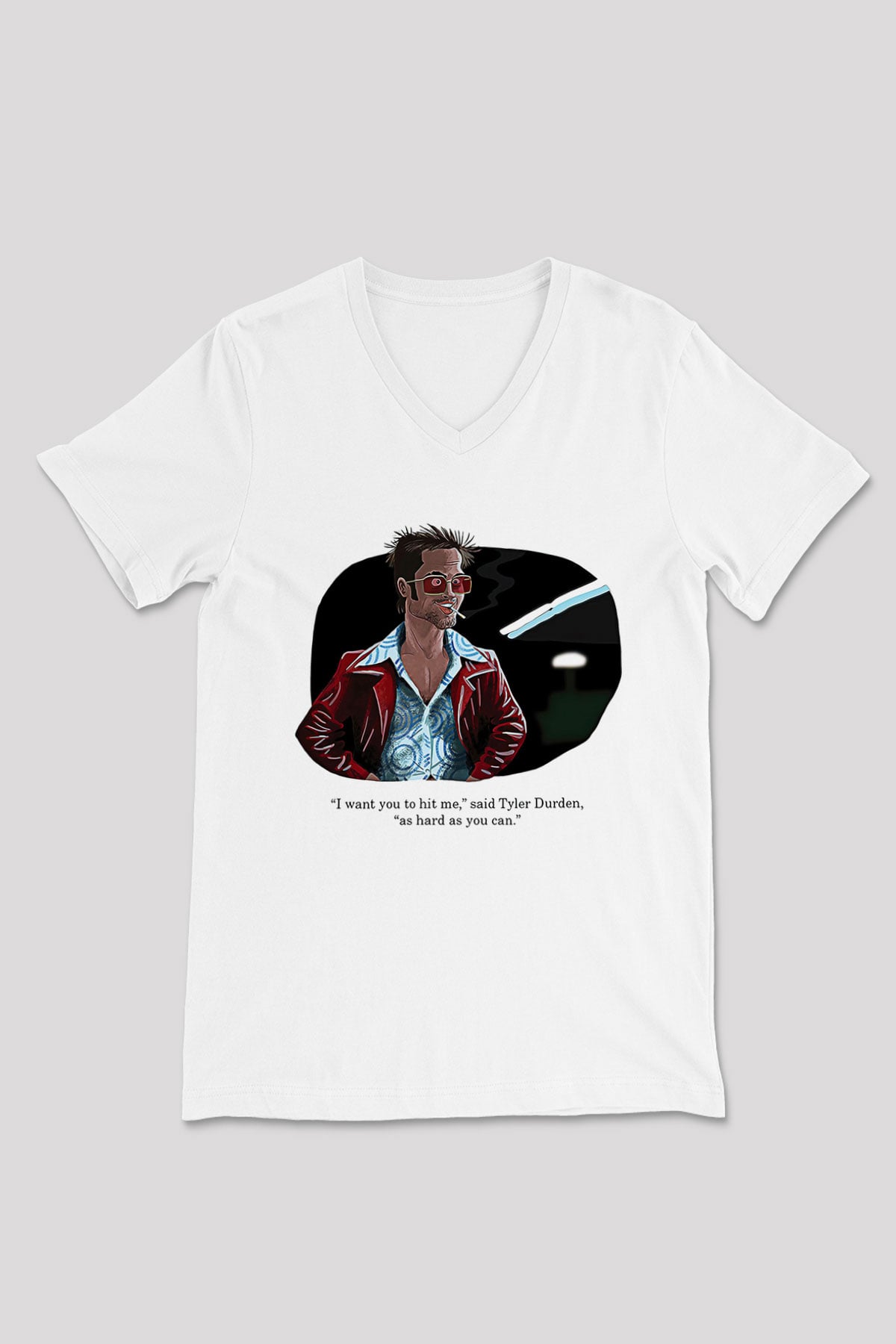 Fight Club (Tyler Durden) Baskılı Beyaz Unisex V Yaka Tişört - Tshirt