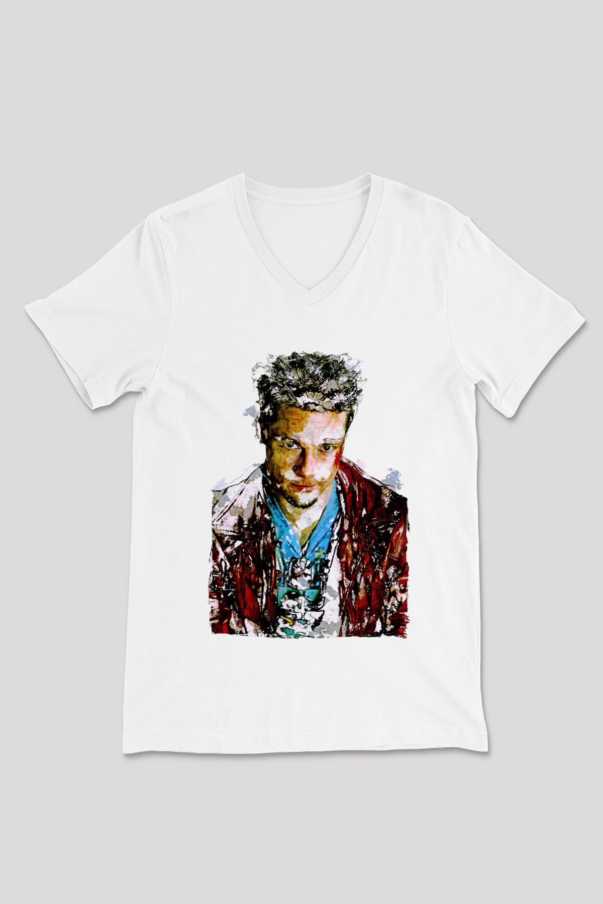 Fight Club (Tyler Durden) Baskılı Beyaz Unisex V Yaka Tişört - Tshirt