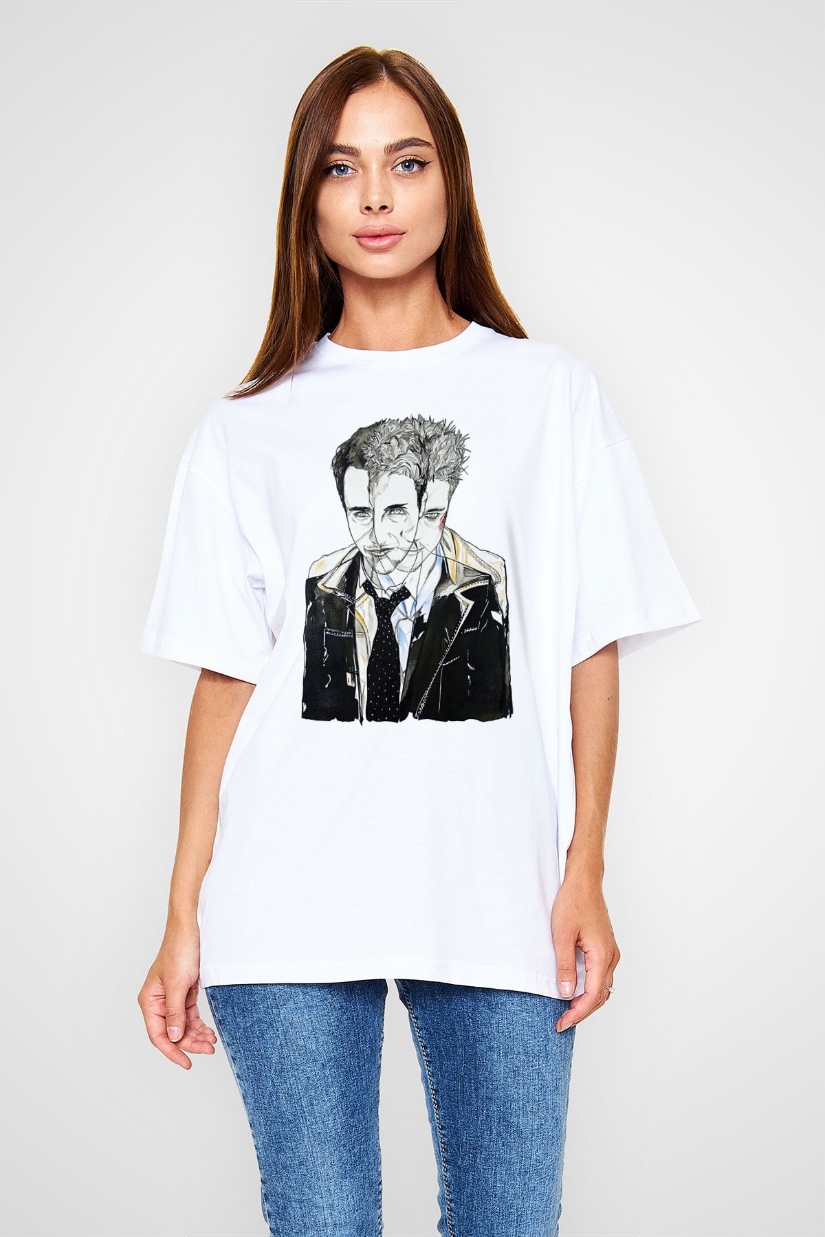 Fight Club (Tyler Durden) Baskılı Beyaz Unisex Oversize Tişört - Tshirt