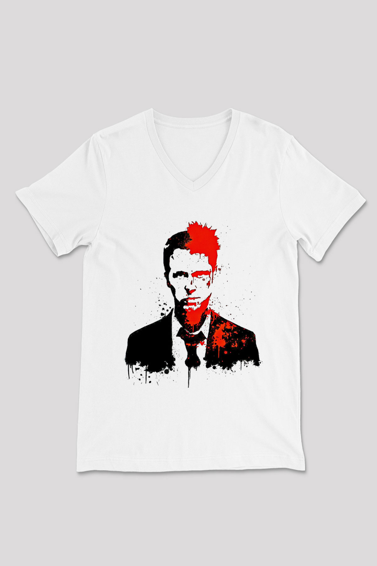 Fight Club (Tyler Durden) Baskılı Beyaz Unisex V Yaka Tişört - Tshirt
