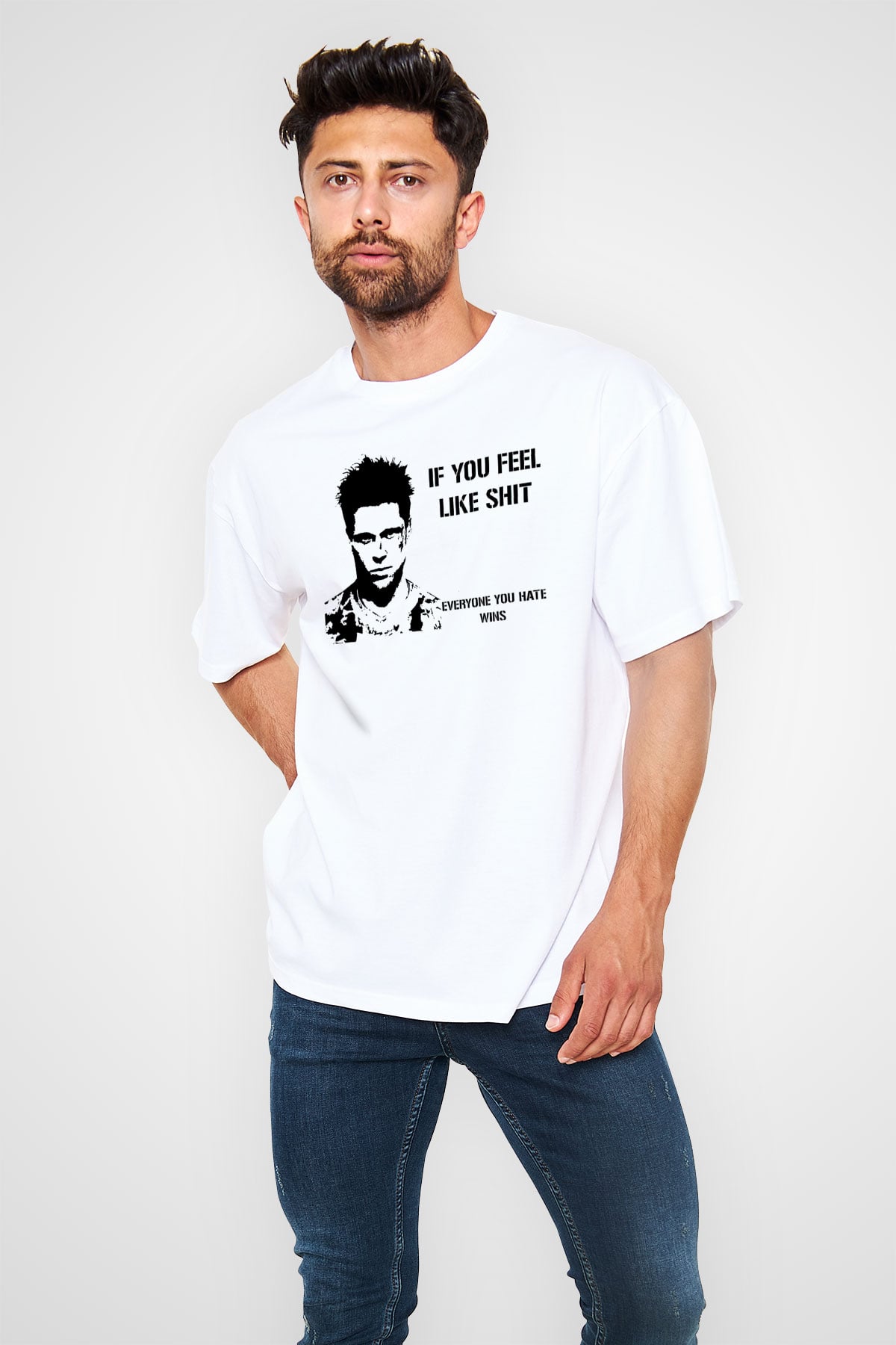 Fight Club (Tyler Durden) Baskılı Beyaz Unisex Oversize Tişört - Tshirt