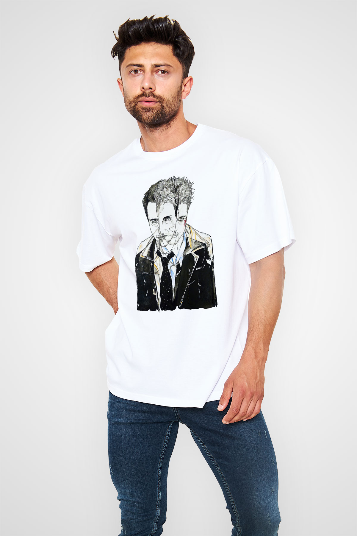Fight Club (Tyler Durden) Baskılı Beyaz Unisex Oversize Tişört - Tshirt