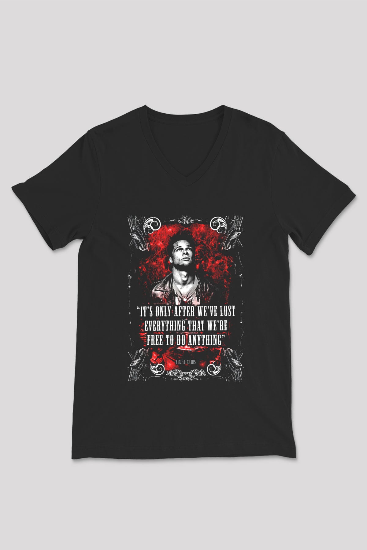 Fight Club (Tyler Durden) Baskılı Unisex Siyah V Yaka Tişört - Tshirt
