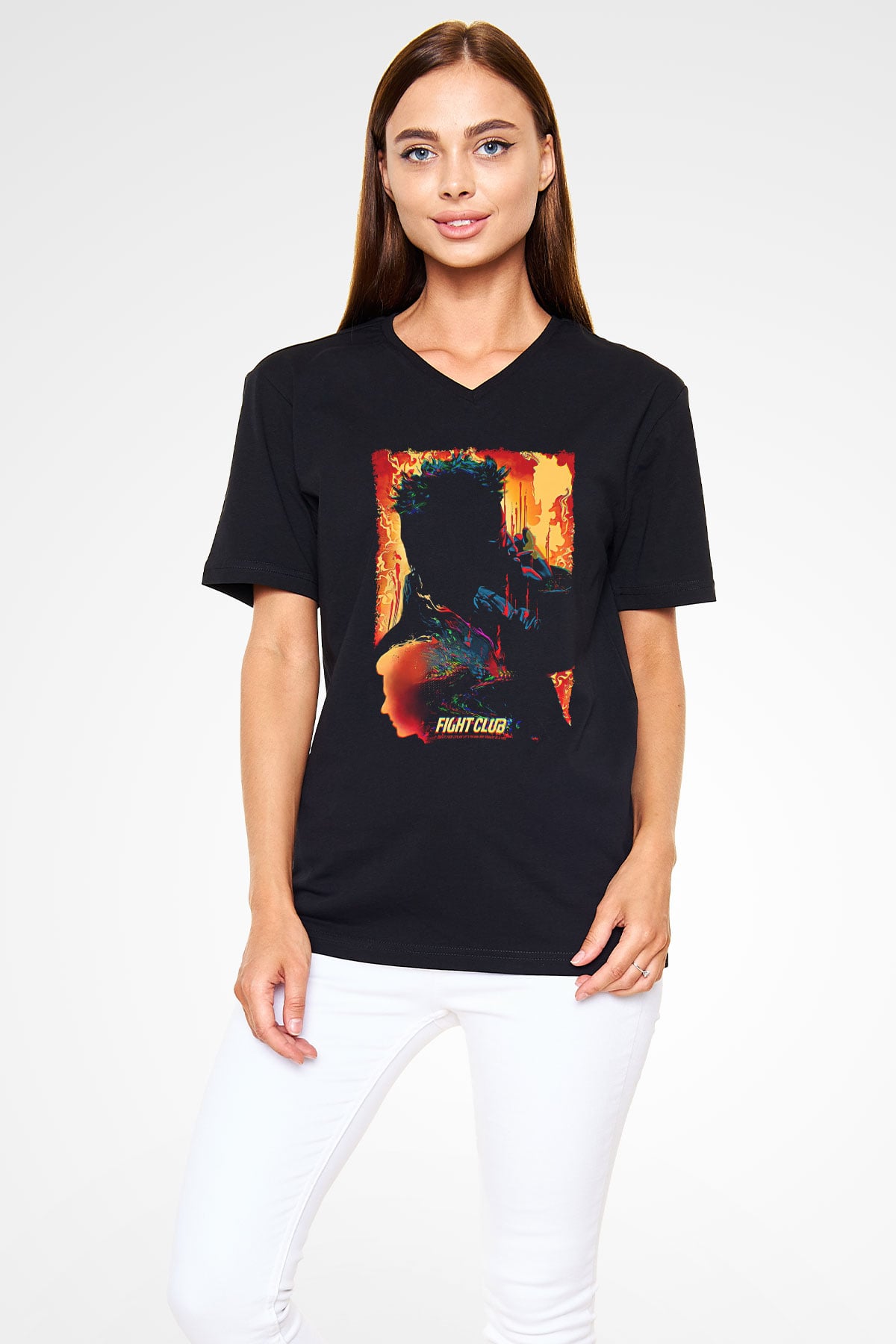 Fight Club (Tyler Durden) Baskılı Unisex Siyah V Yaka Tişört - Tshirt