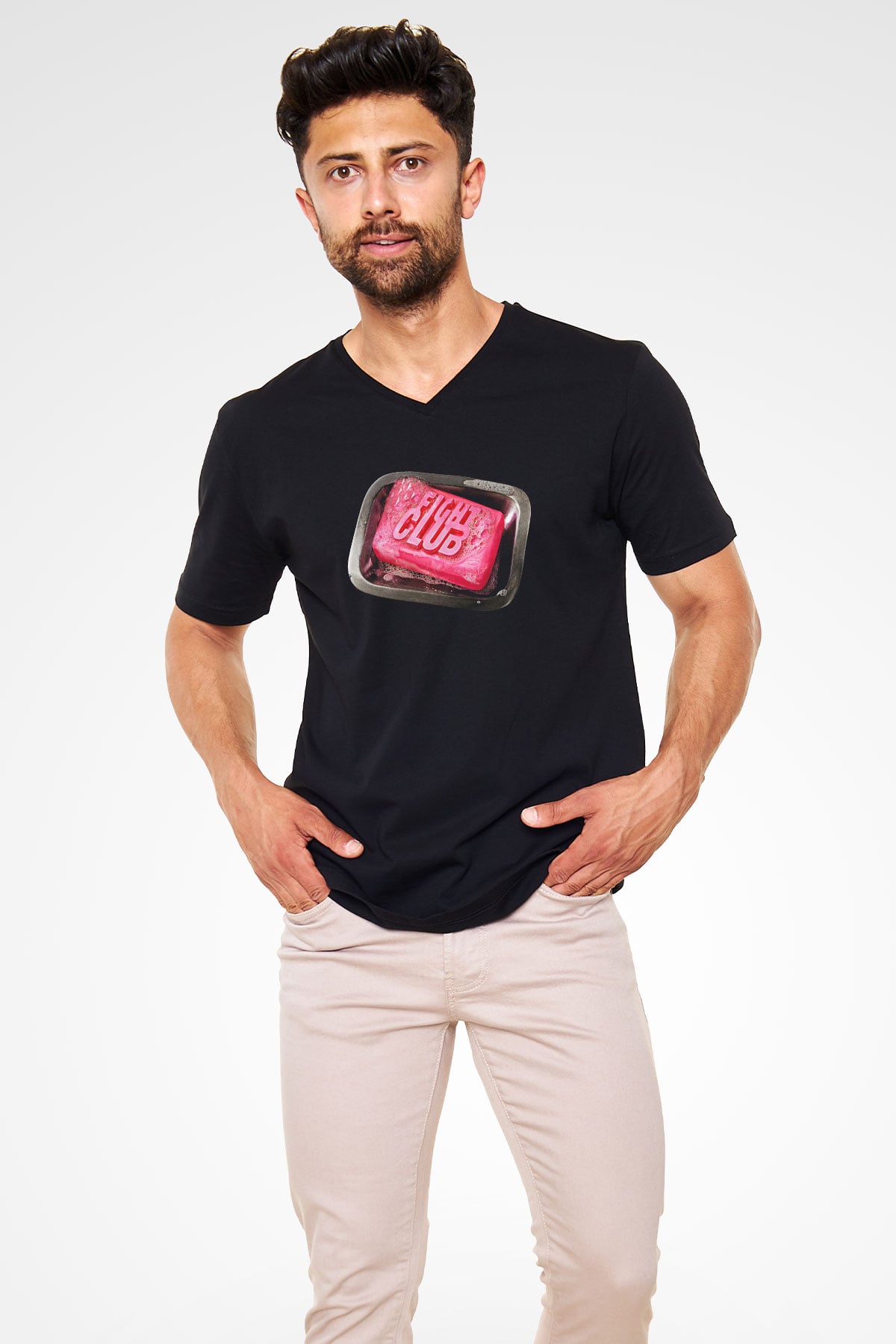 Fight Club (Tyler Durden) Baskılı Unisex Siyah V Yaka Tişört - Tshirt