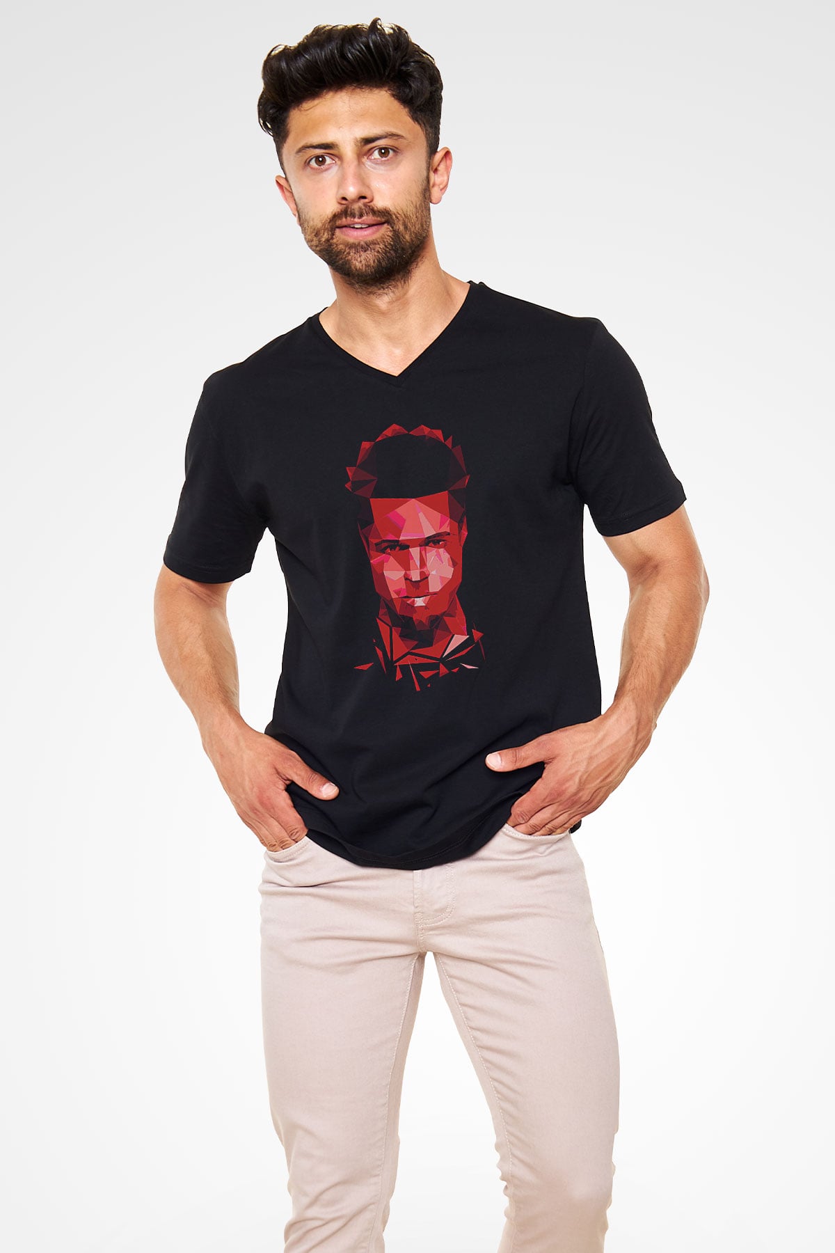 Fight Club (Tyler Durden) Baskılı Unisex Siyah V Yaka Tişört - Tshirt