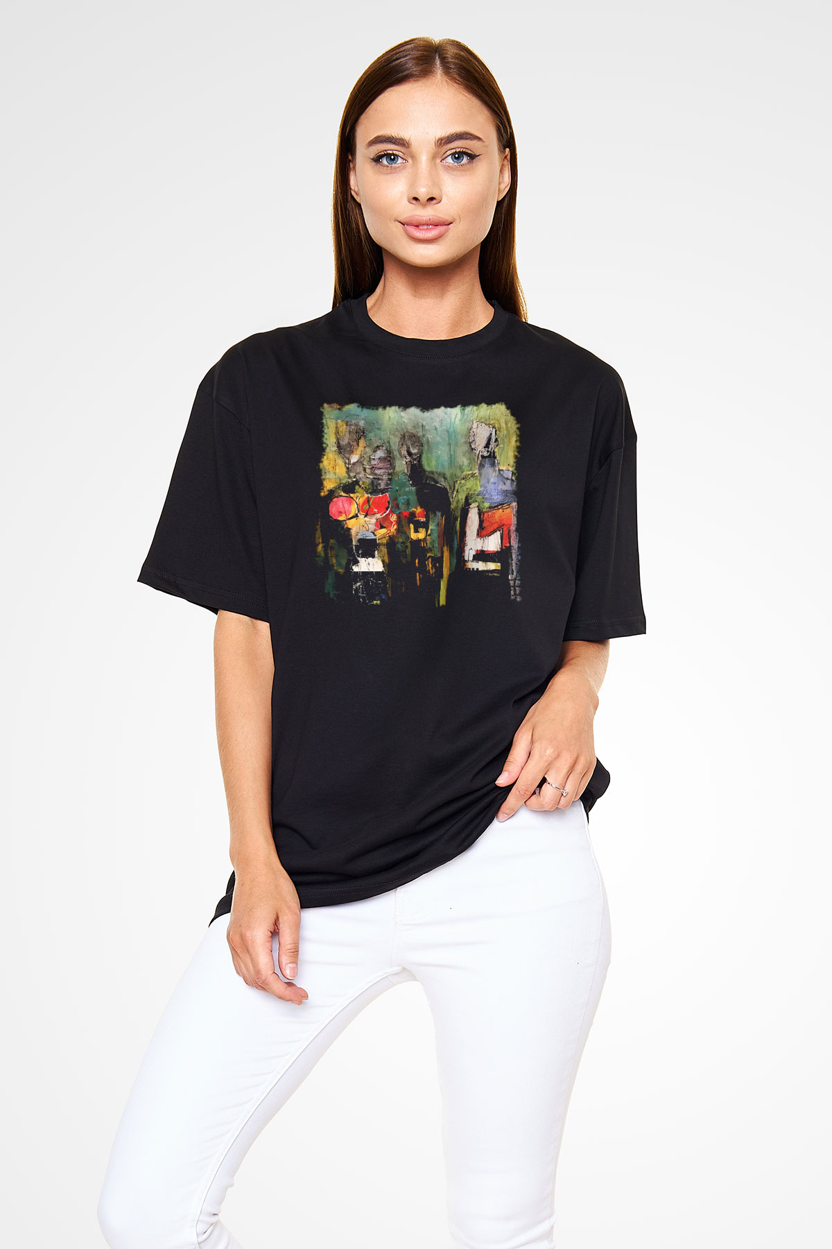 Figür Siyah Unisex Oversize Tişört T-Shirt