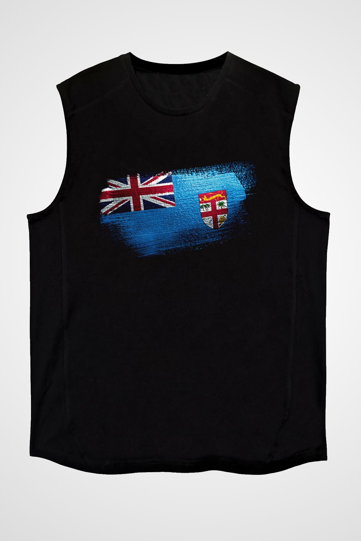 Fiji Bayrağı Baskılı Unisex Siyah Kolsuz Tişört