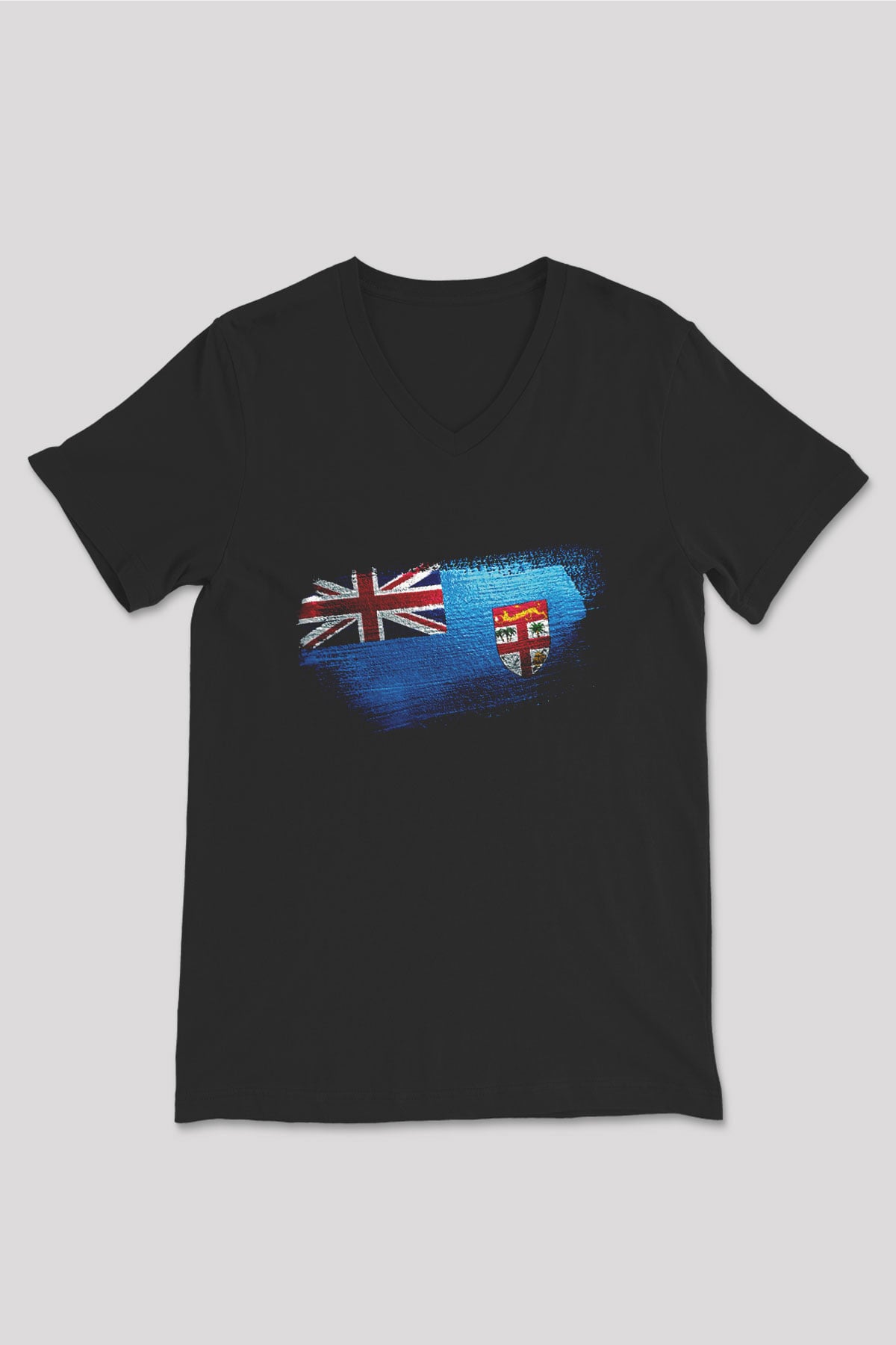 Fiji Bayrağı Baskılı Unisex Siyah V Yaka Tişört
