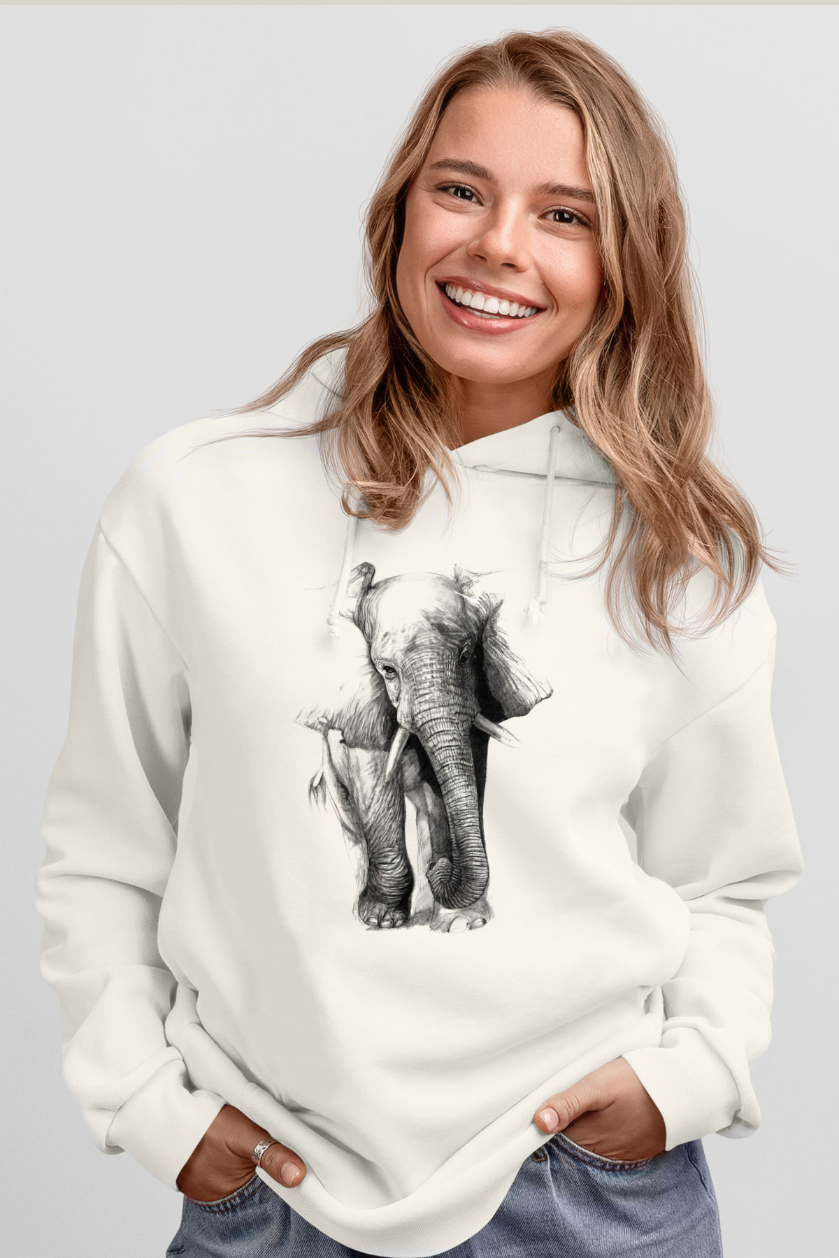 Fil Beyaz Unisex Kapşonlu Sweatshirt