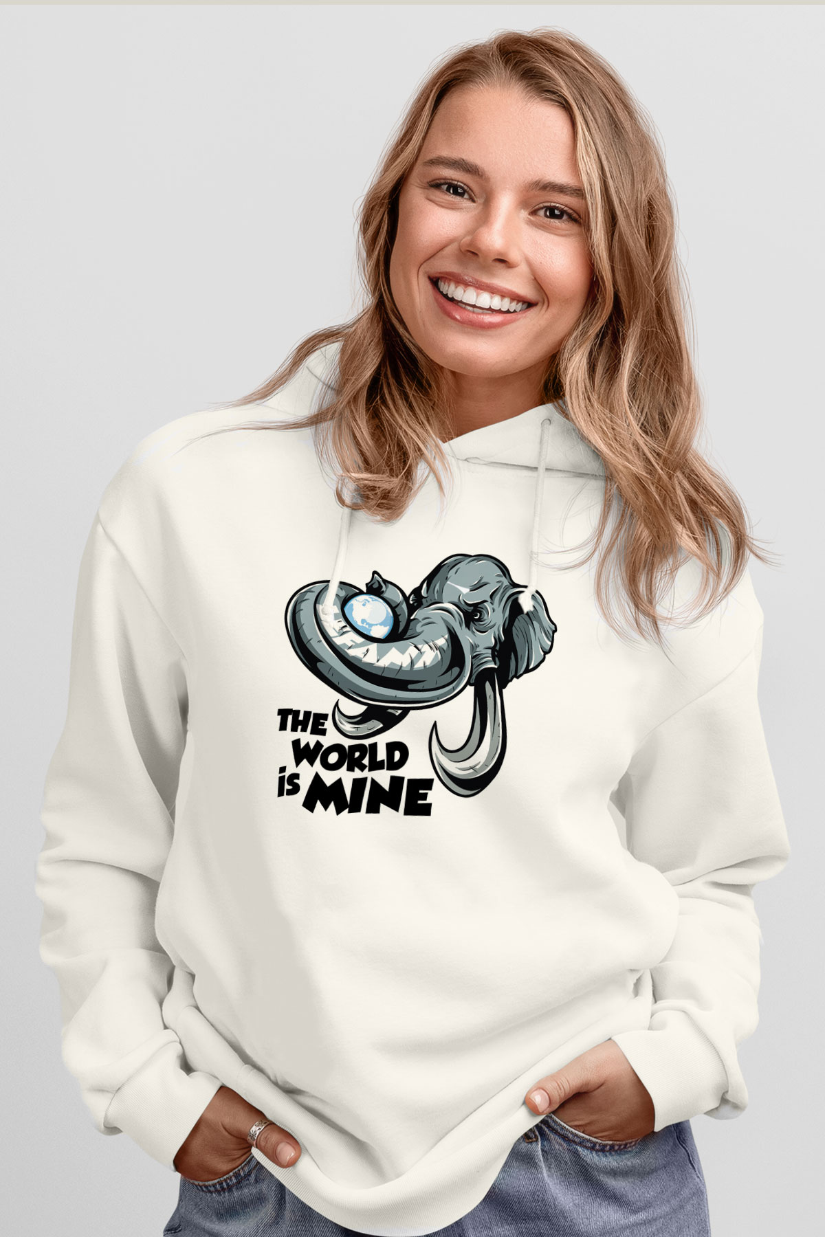 Fil Beyaz Unisex Kapşonlu Sweatshirt