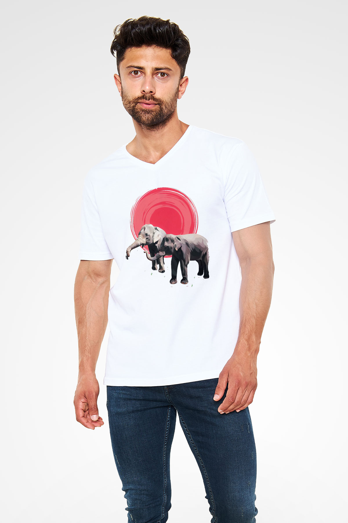 Fil Beyaz Unisex V Yaka Tişört