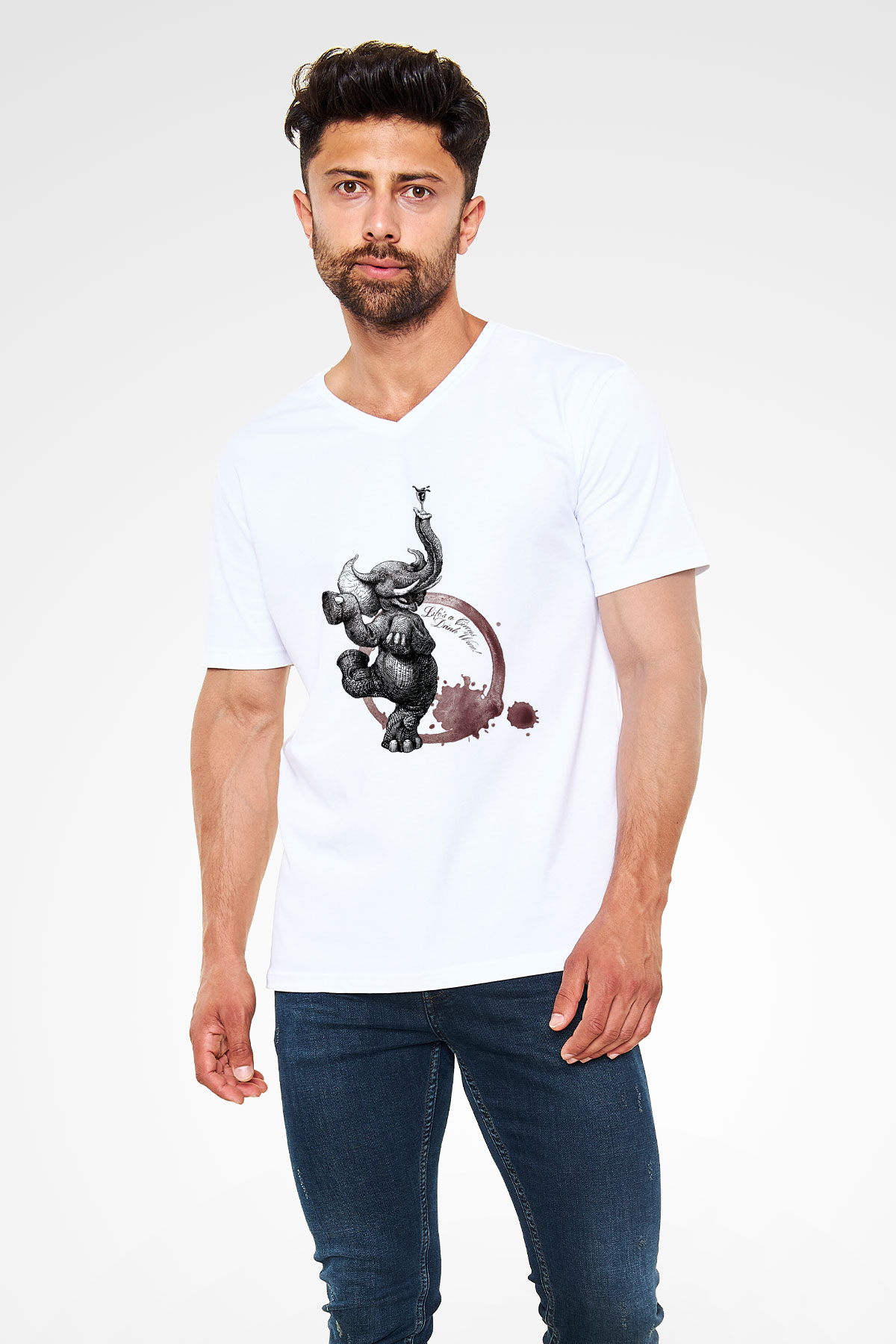 Fil Beyaz Unisex V Yaka Tişört T-Shirt