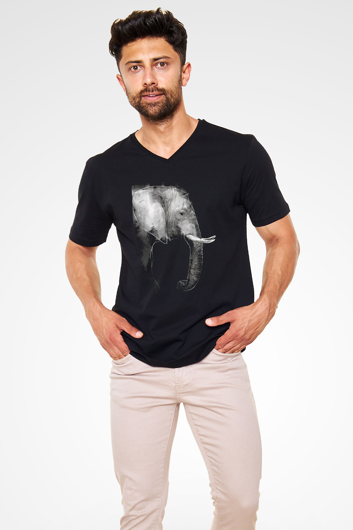 Fil Siyah Unisex V Yaka Tişört