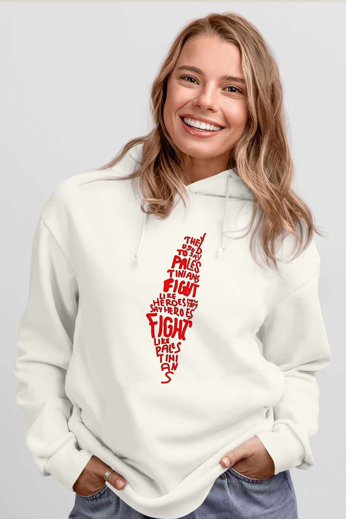 Filistin Baskılı Beyaz Unisex Kapüşonlu Sweatshirt