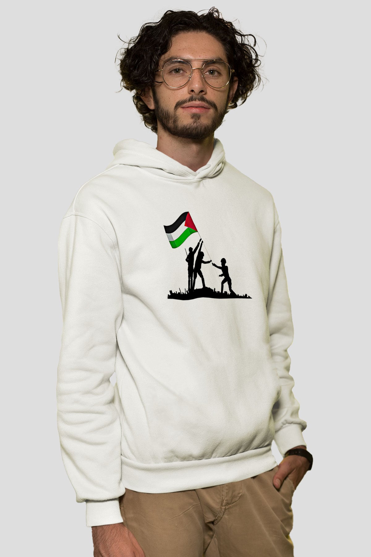 Filistin Baskılı Beyaz Unisex Kapüşonlu Sweatshirt