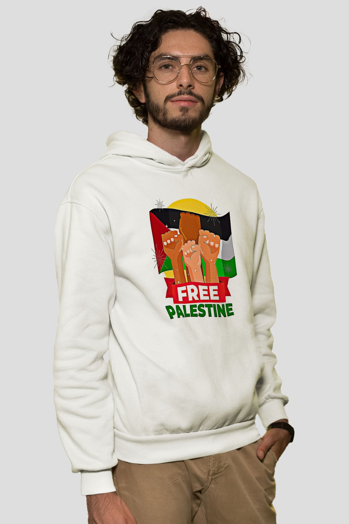 Filistin Baskılı Beyaz Unisex Kapüşonlu Sweatshirt