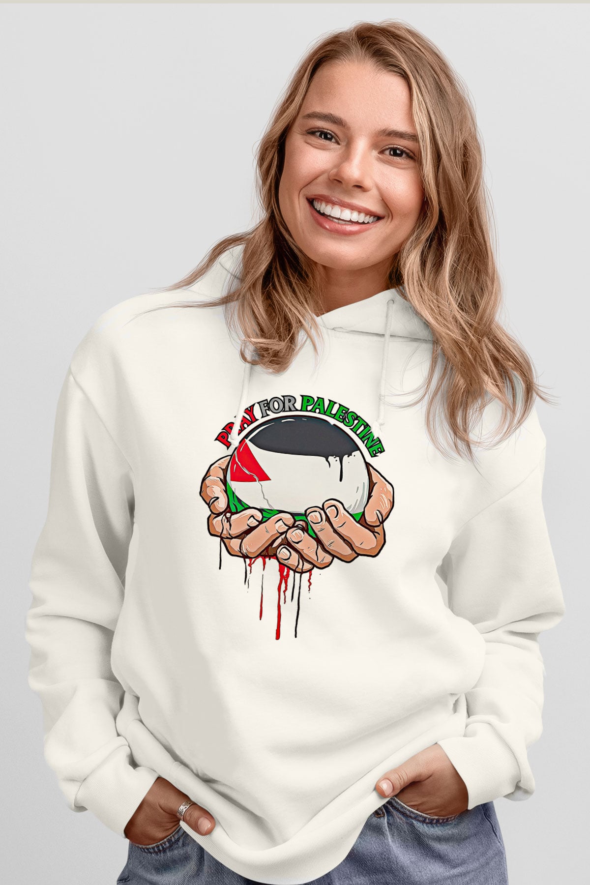 Filistin Baskılı Beyaz Unisex Kapüşonlu Sweatshirt