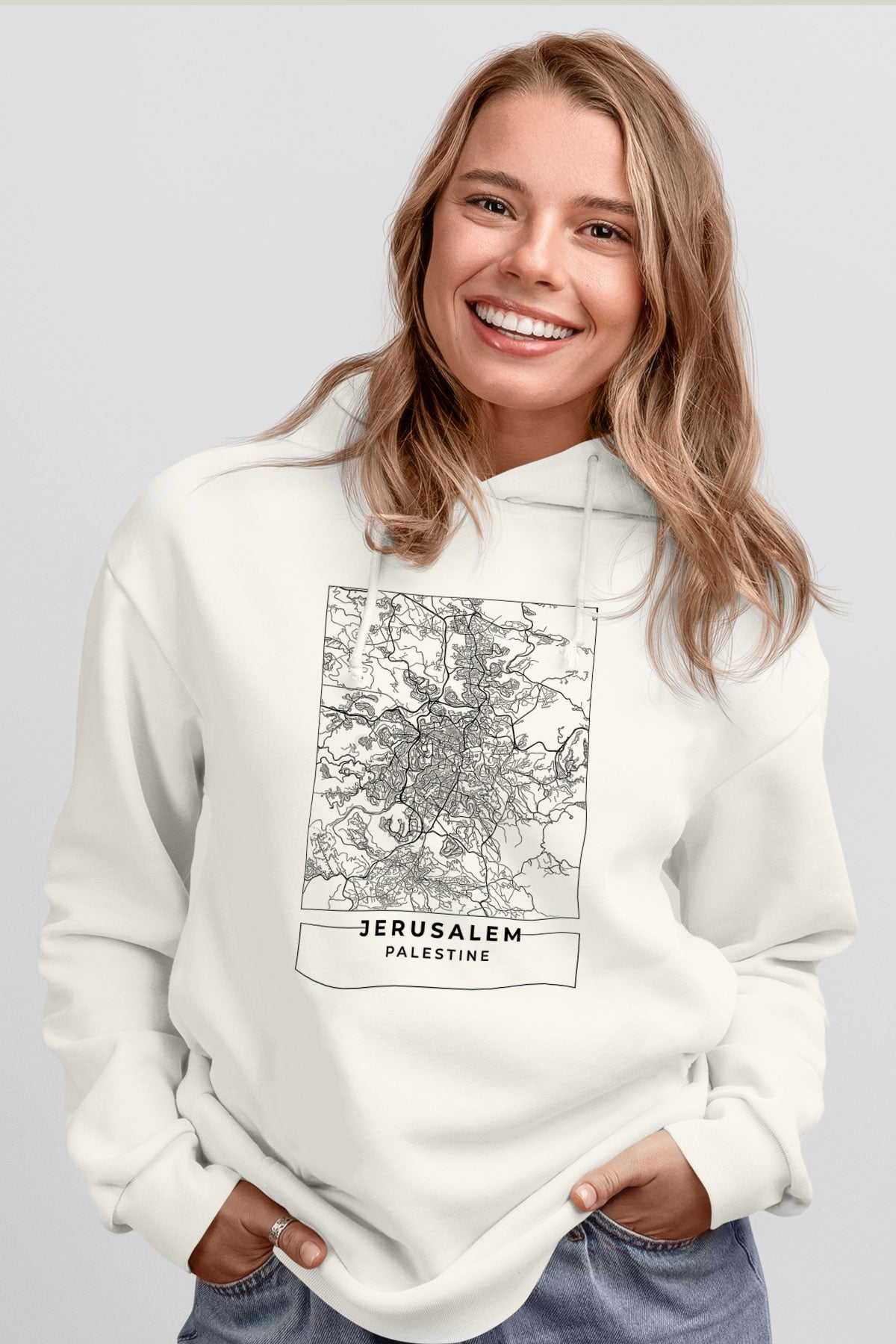 Filistin Baskılı Beyaz Unisex Kapüşonlu Sweatshirt