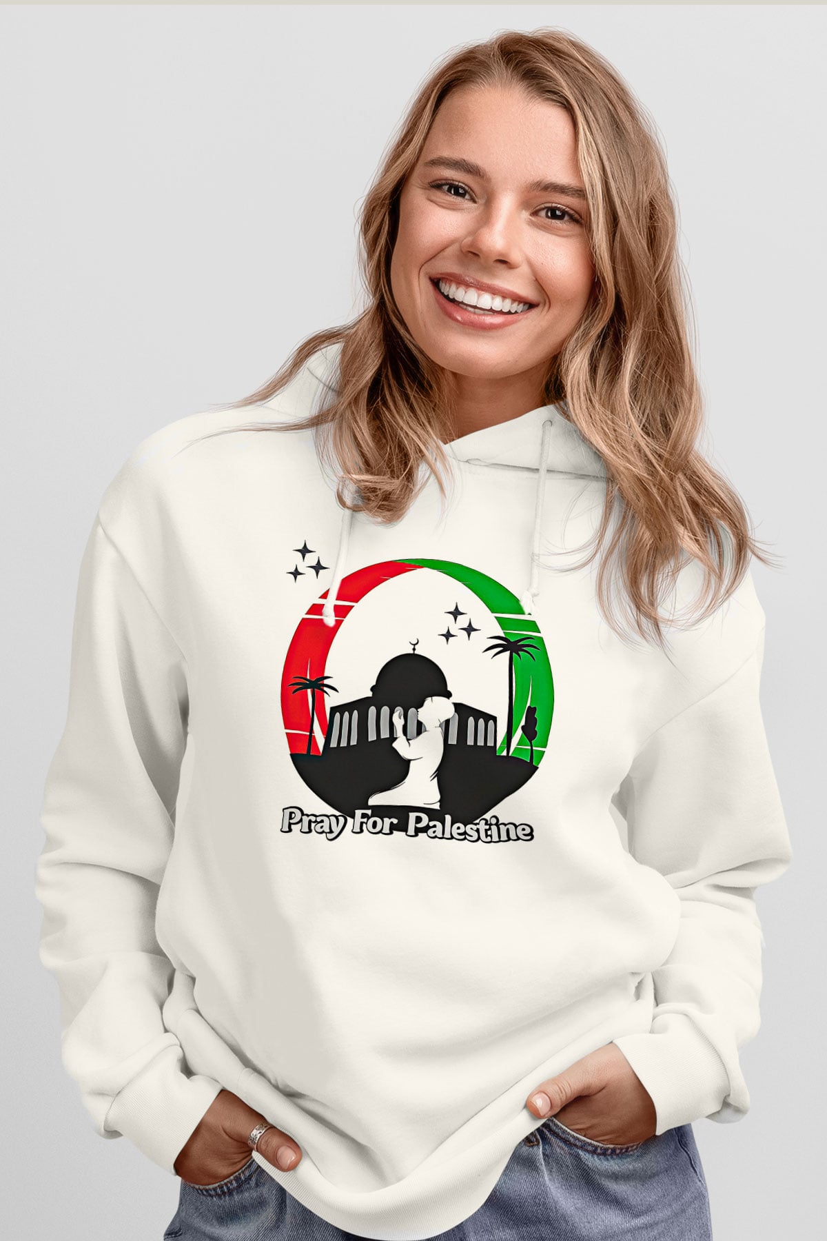 Filistin Baskılı Beyaz Unisex Kapüşonlu Sweatshirt