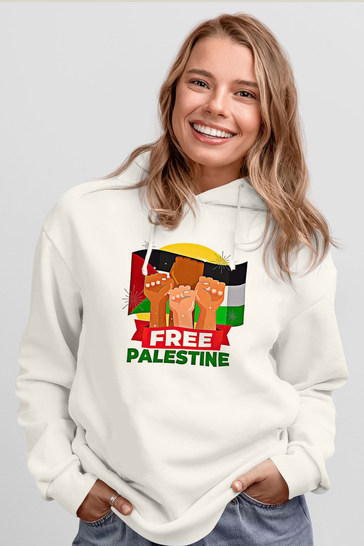 Filistin Baskılı Beyaz Unisex Kapüşonlu Sweatshirt
