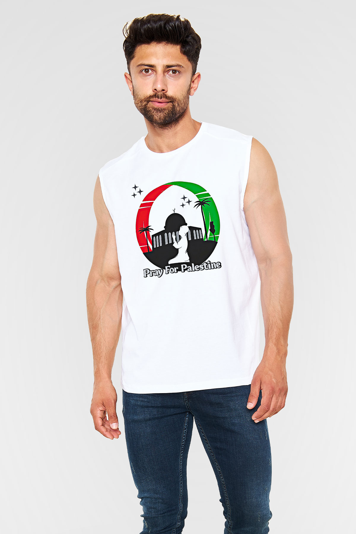 Filistin Baskılı Beyaz Unisex Kolsuz Tişört - Tshirt