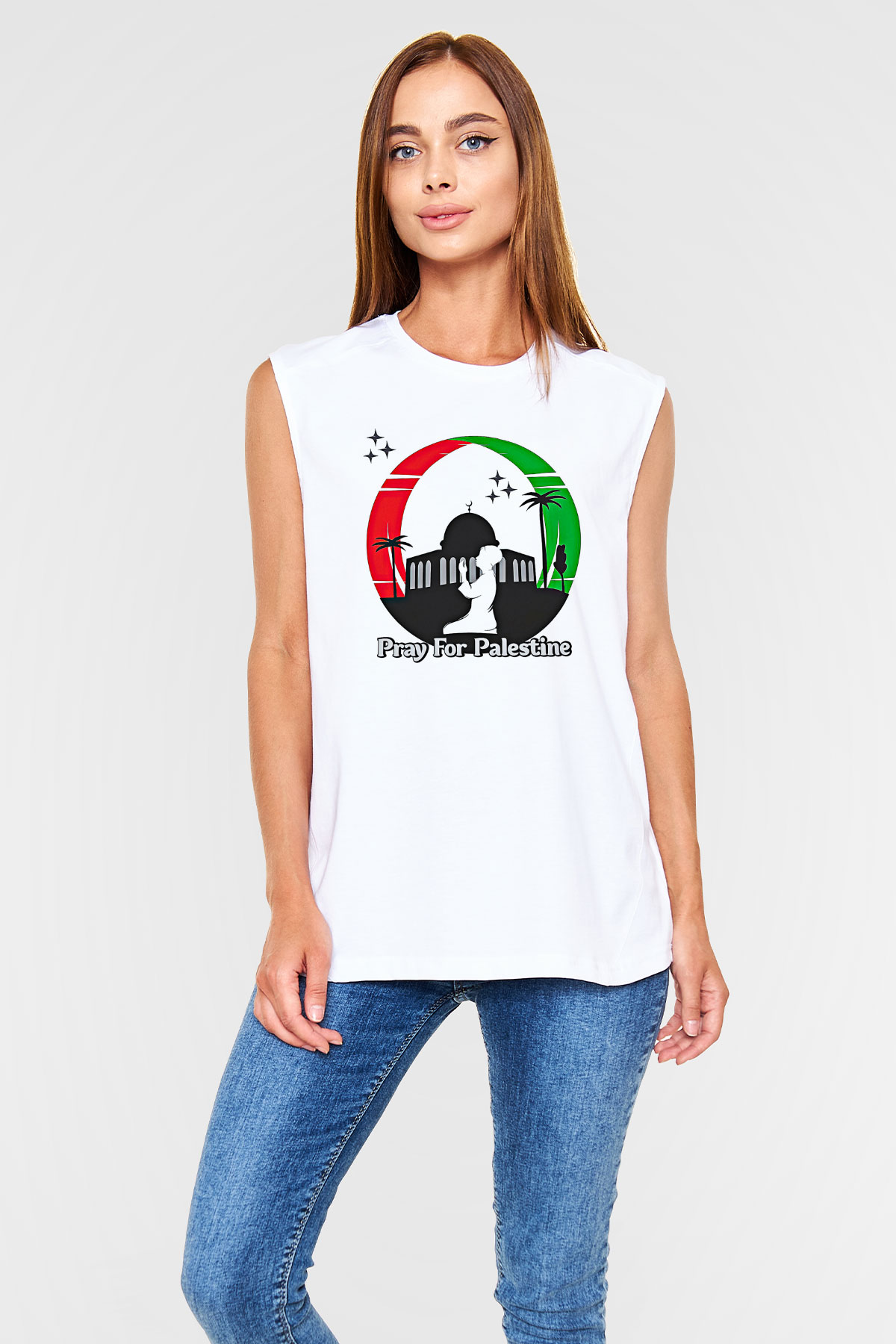 Filistin Baskılı Beyaz Unisex Kolsuz Tişört - Tshirt