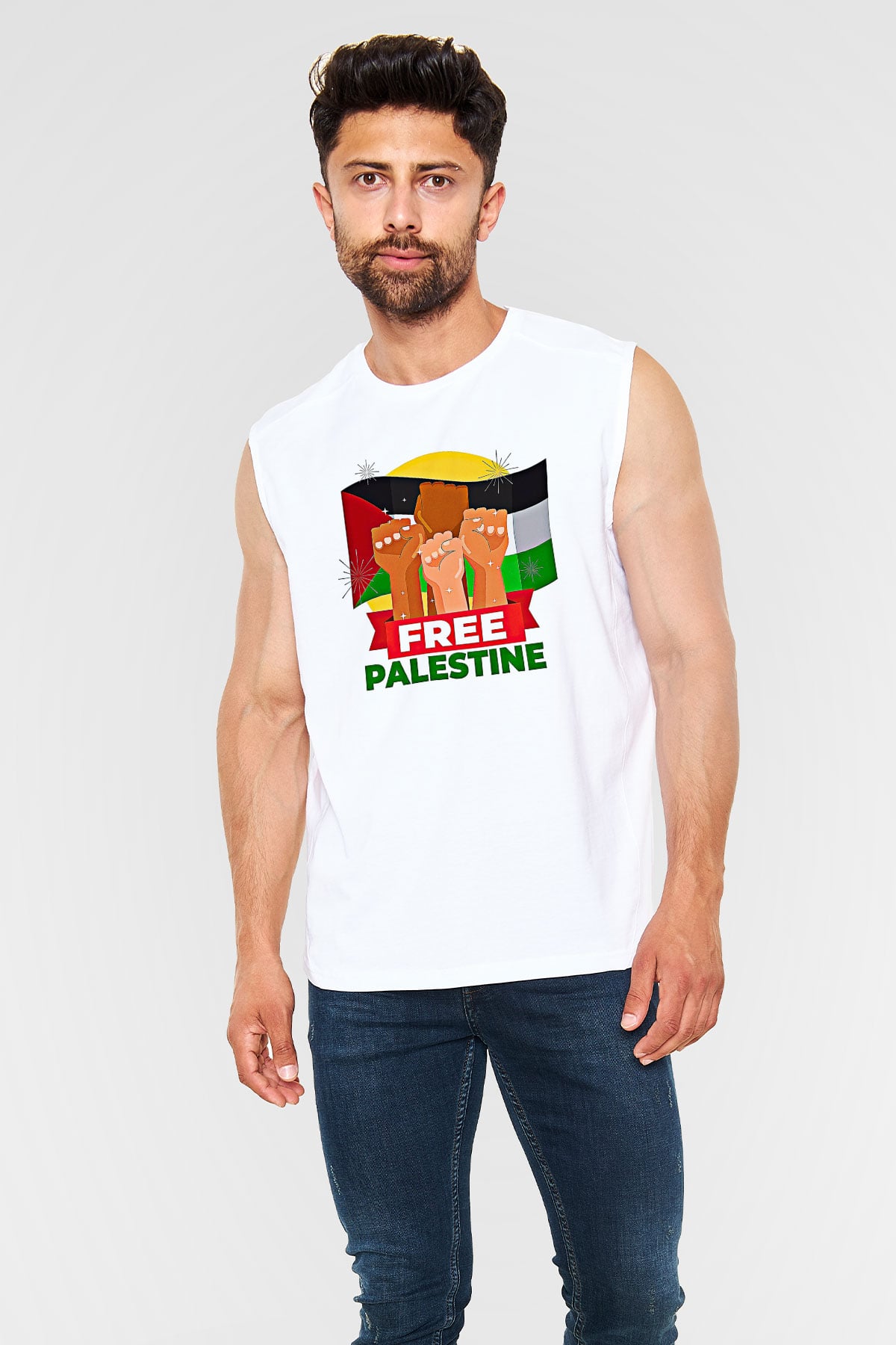 Filistin Baskılı Beyaz Unisex Kolsuz Tişört - Tshirt