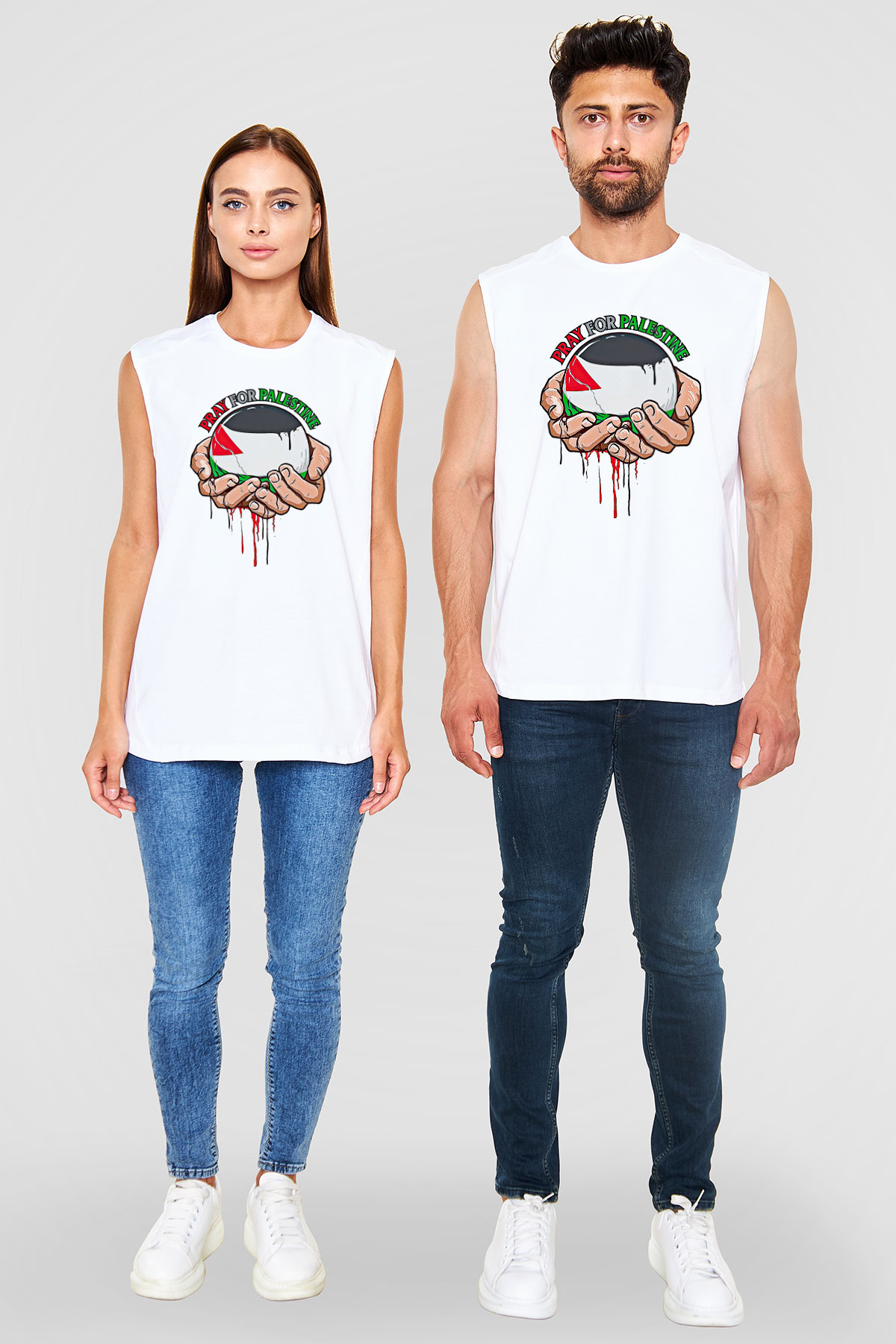 Filistin Baskılı Beyaz Unisex Kolsuz Tişört - Tshirt