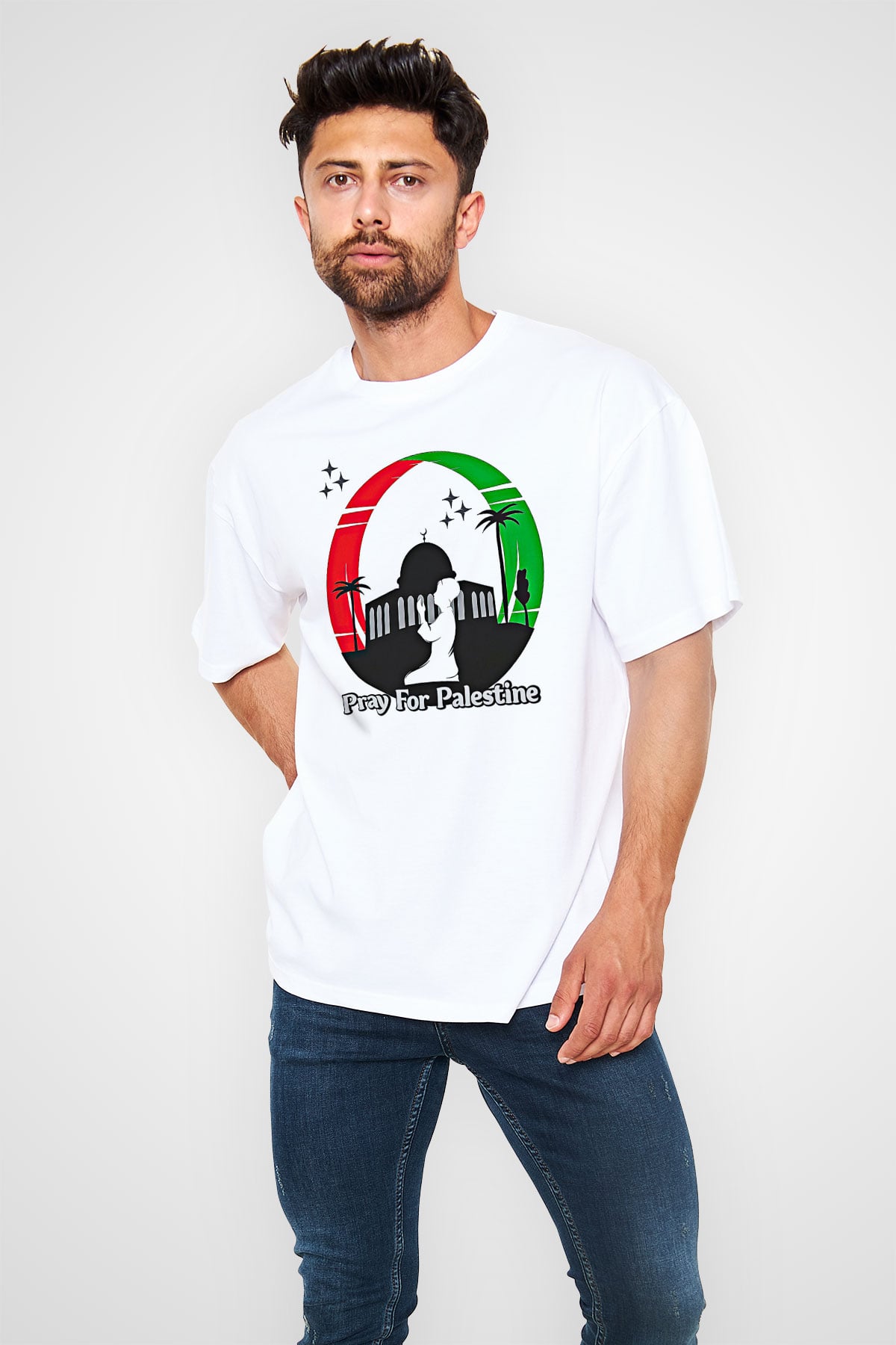 Filistin Baskılı Beyaz Unisex Oversize Tişört - Tshirt