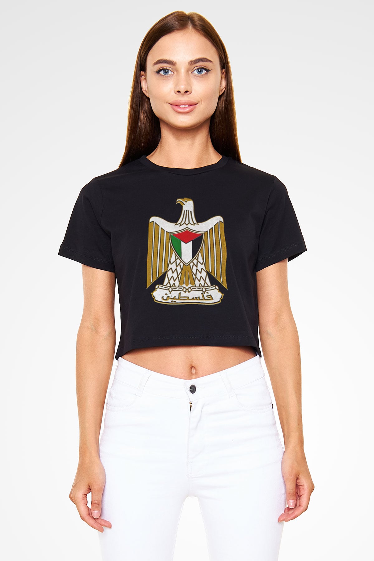 Filistin Baskılı Siyah Crop Top Kadın Tişört - Tshirt