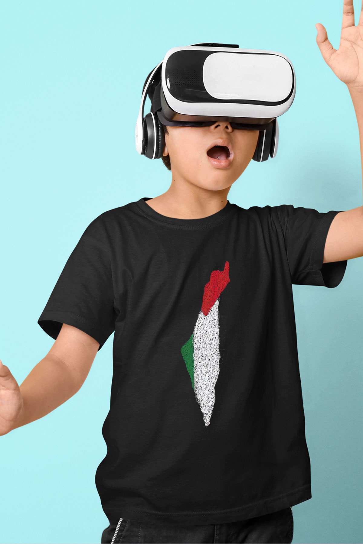 Filistin Baskılı Unisex Siyah Çocuk Tişört - Tshirt