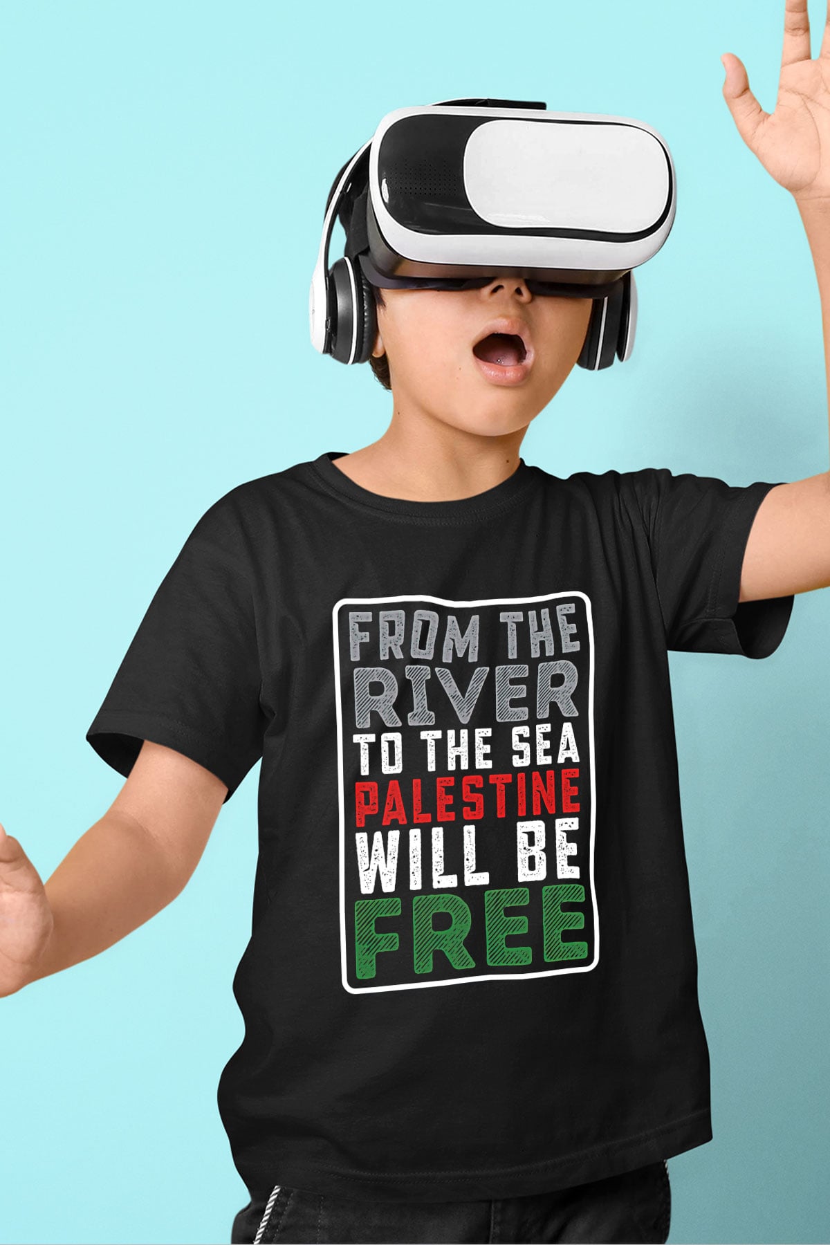 Filistin Baskılı Unisex Siyah Çocuk Tişört - Tshirt