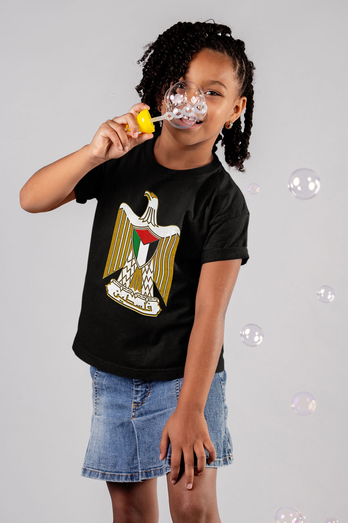Filistin Baskılı Unisex Siyah Çocuk Tişört - Tshirt