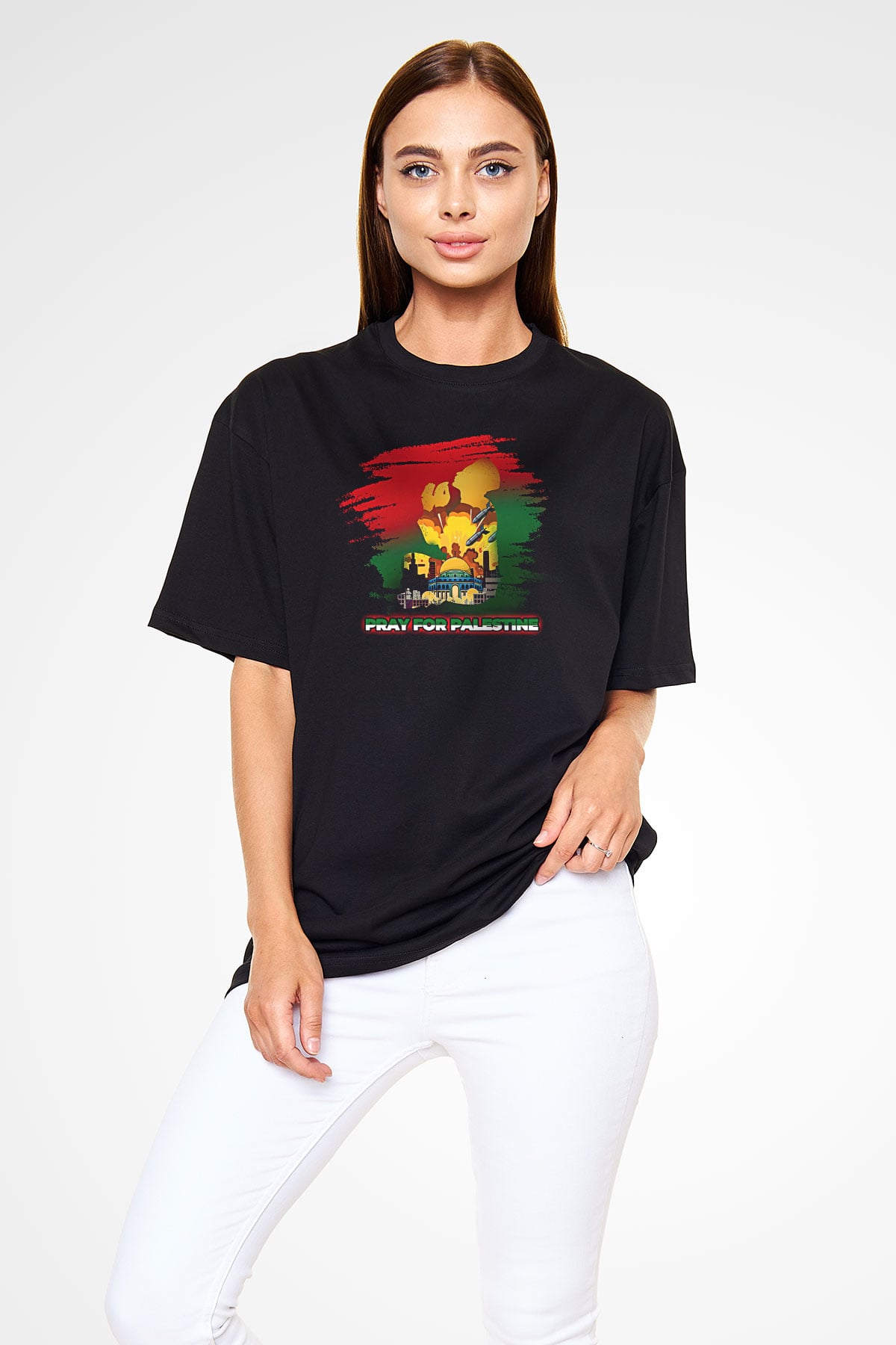 Filistin Baskılı Unisex Siyah Oversize Tişört - Tshirt