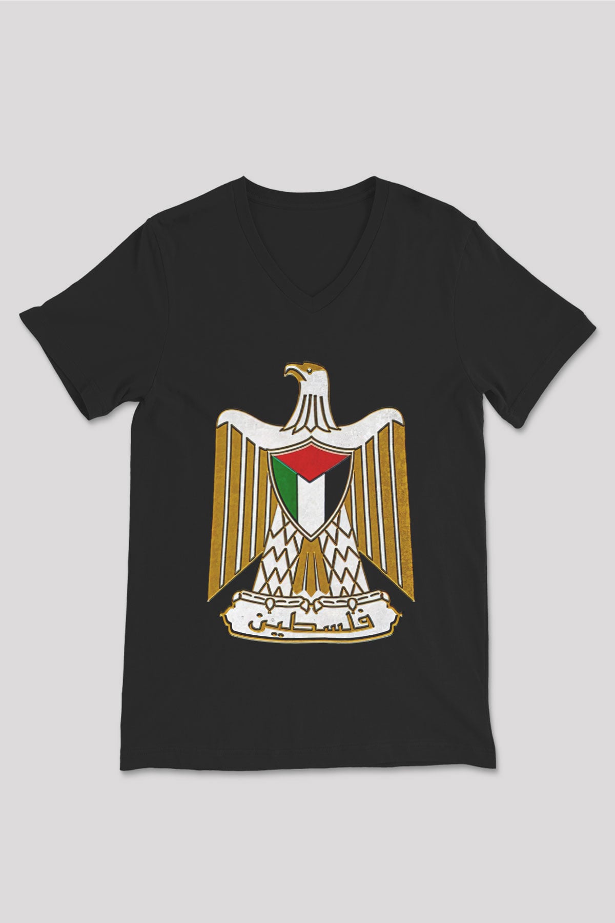Filistin Baskılı Unisex Siyah V Yaka Tişört - Tshirt