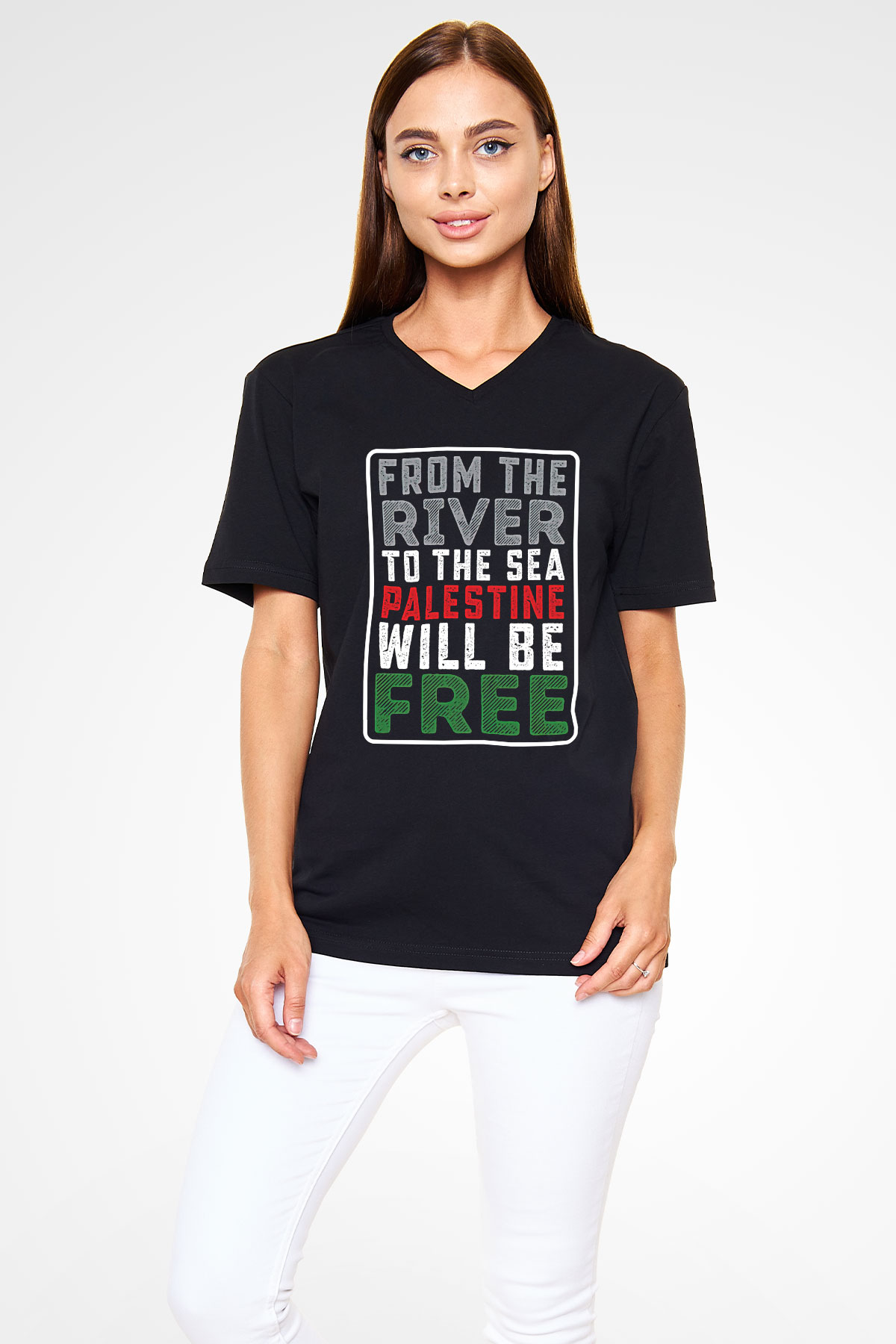 Filistin Baskılı Unisex Siyah V Yaka Tişört - Tshirt
