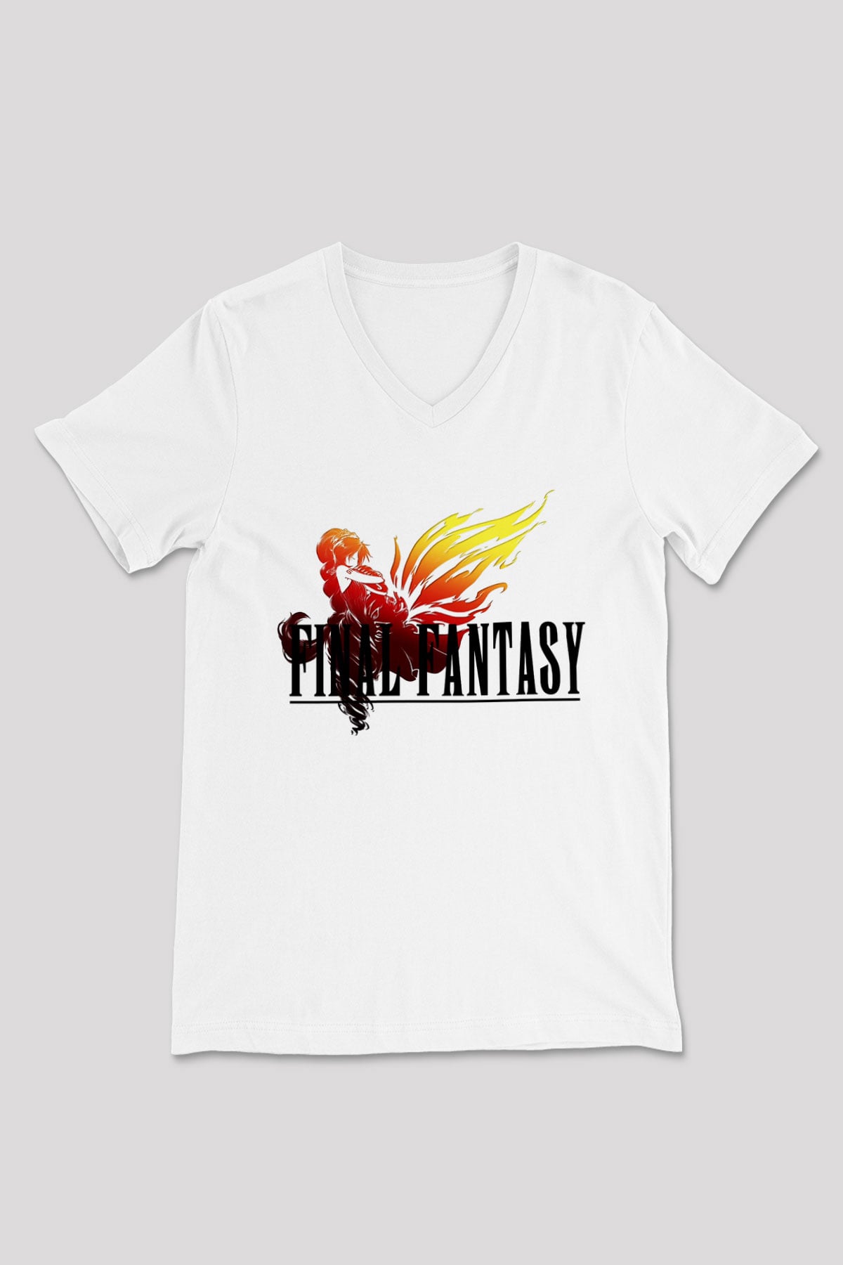 Final Fantasy Beyaz Unisex V Yaka Tişört T-Shirt