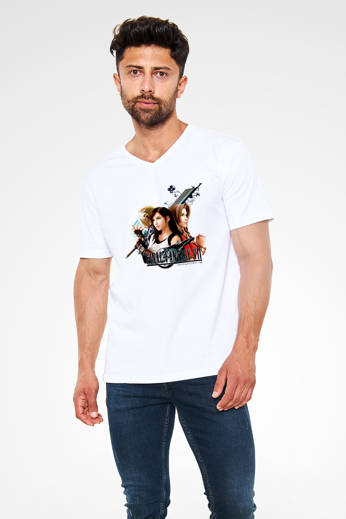 Final Fantasy Beyaz Unisex V Yaka Tişört