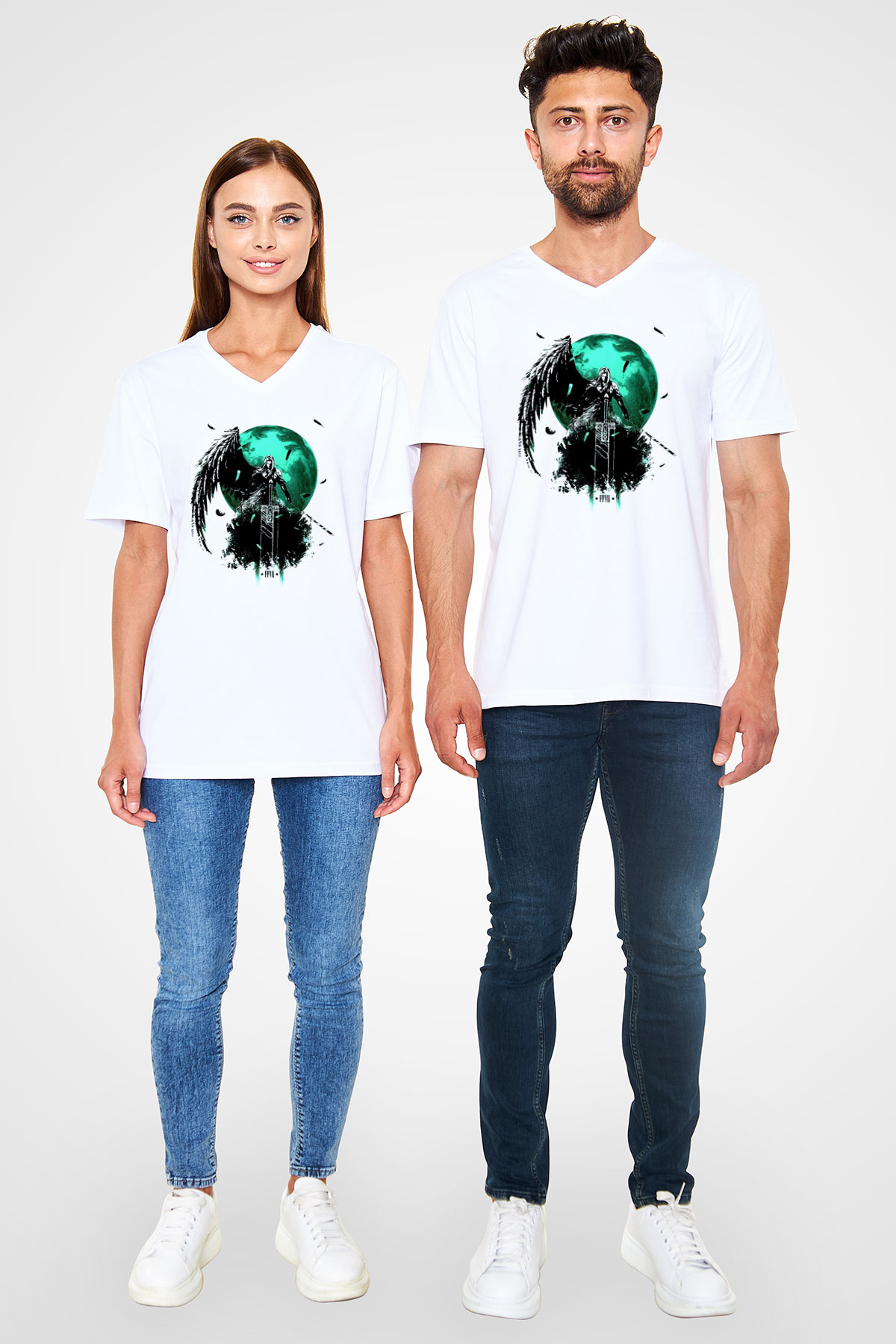Final Fantasy Beyaz Unisex V Yaka Tişört