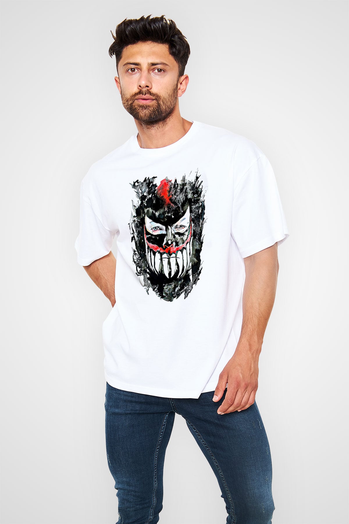 Finn Balor Baskılı Beyaz Unisex Oversize Tişört - Tshirt