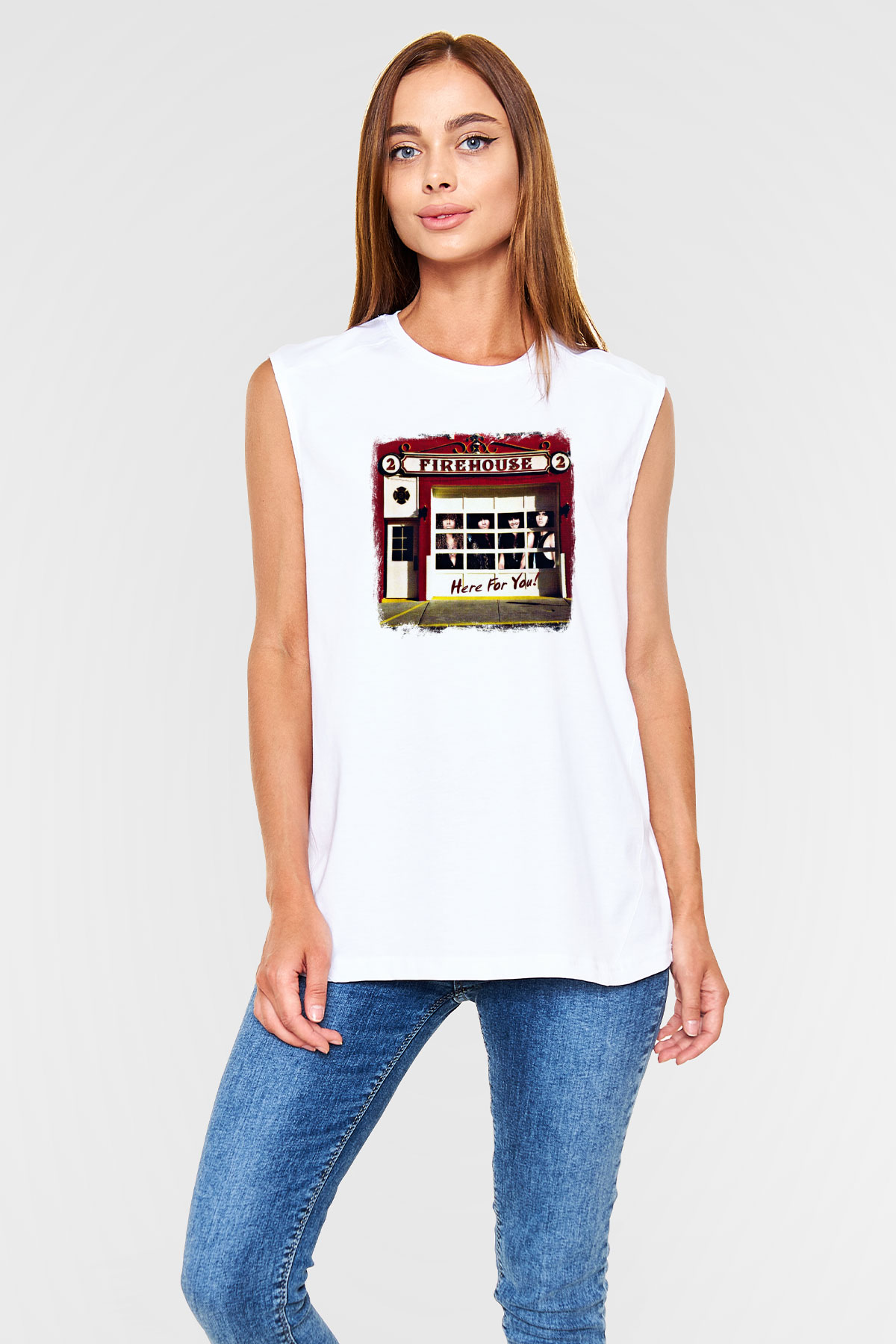 FireHouse Baskılı Unisex Beyaz Kolsuz Tişört