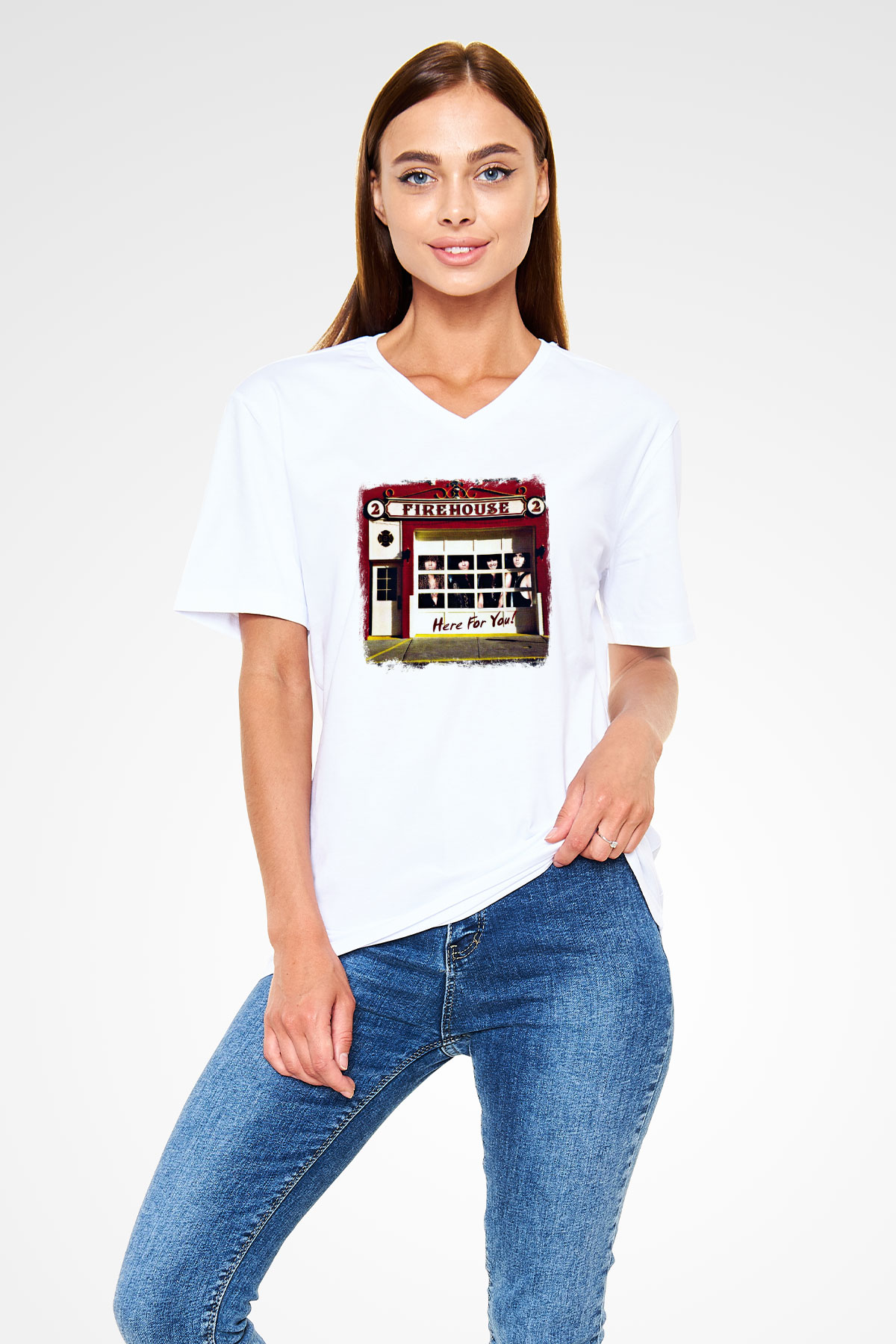 FireHouse Baskılı Unisex Beyaz V Yaka Tişört