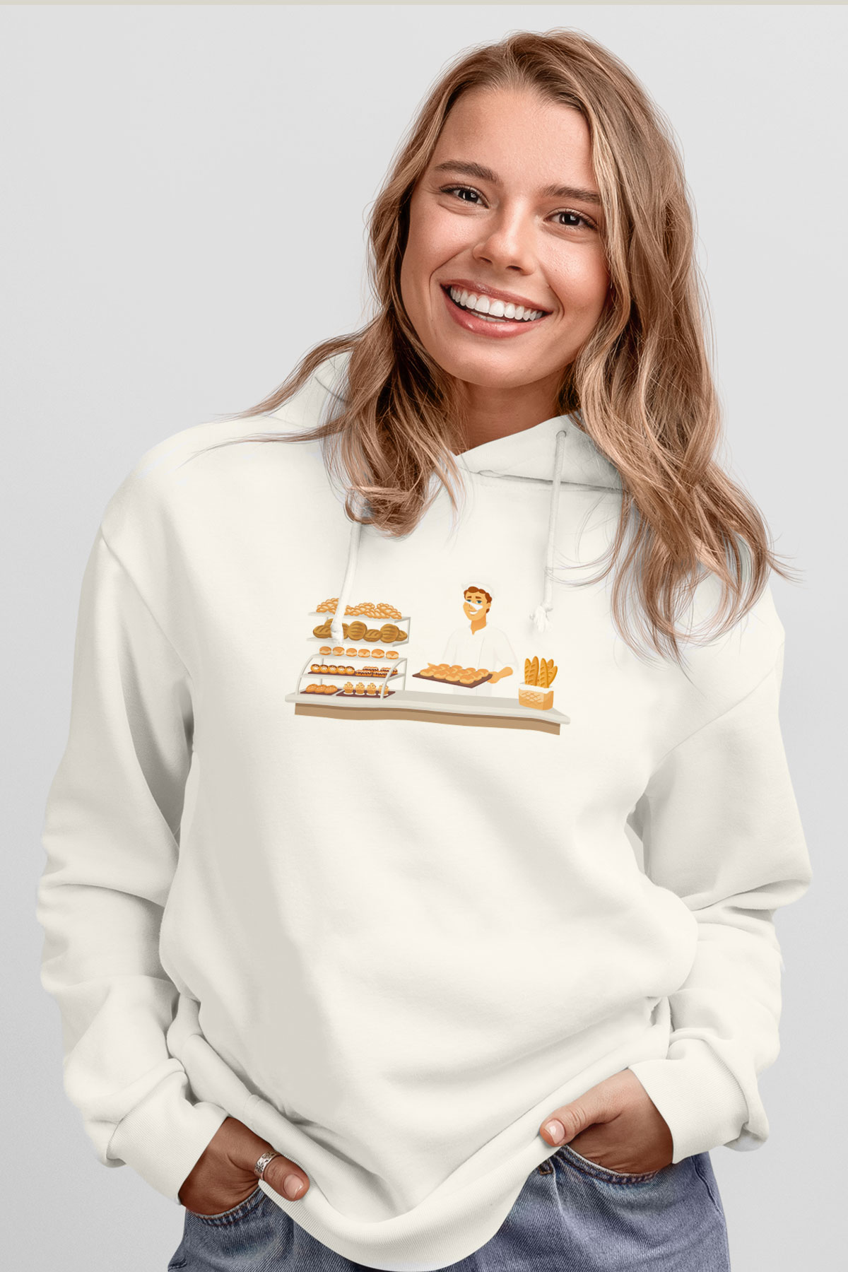 Fırıncı Beyaz Unisex Kapüşonlu Sweatshirt