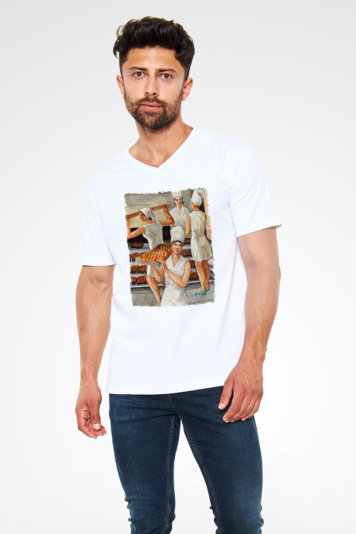 Fırıncı Beyaz Unisex V Yaka Tişört