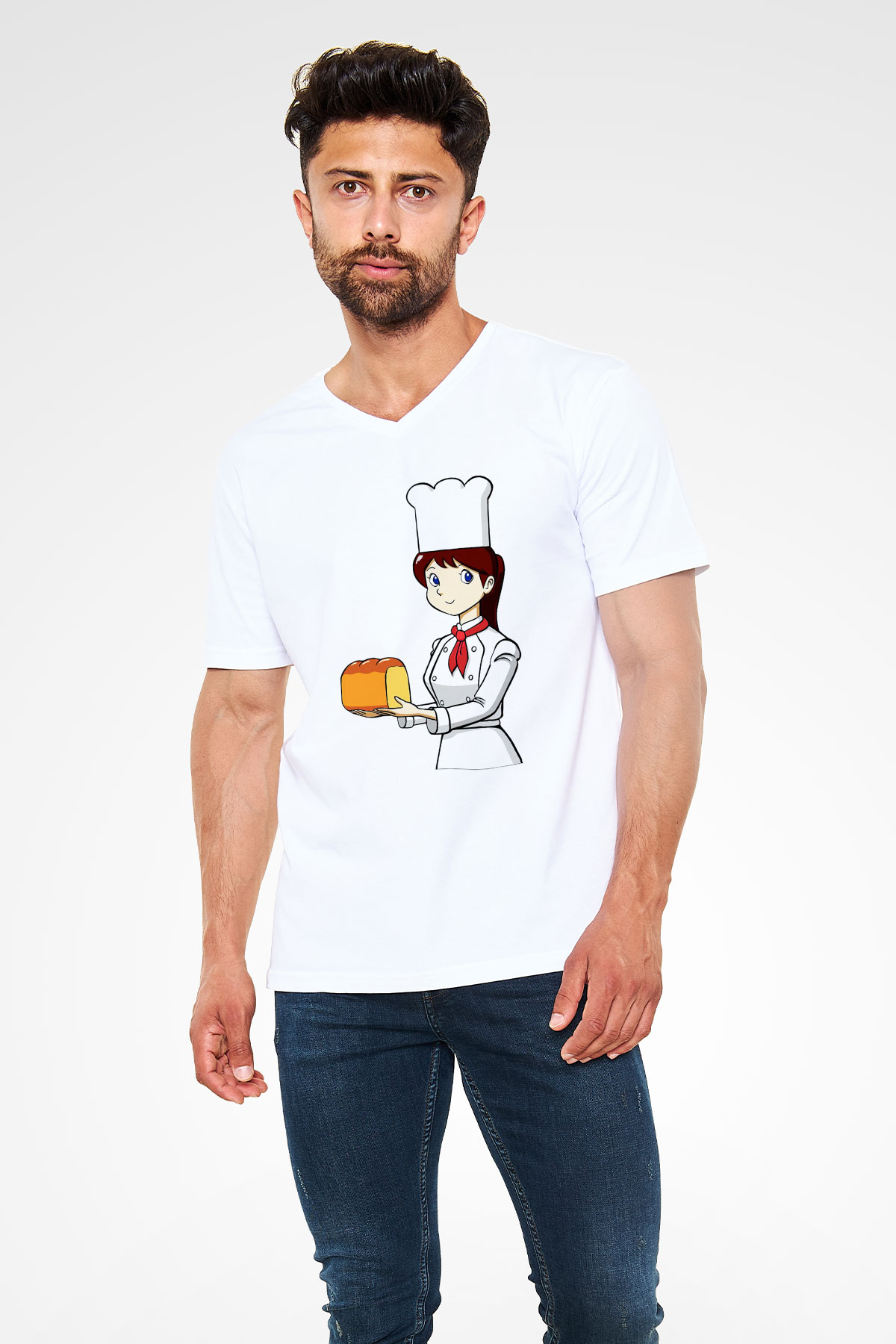 Fırıncı Beyaz Unisex V Yaka Tişört T-Shirt