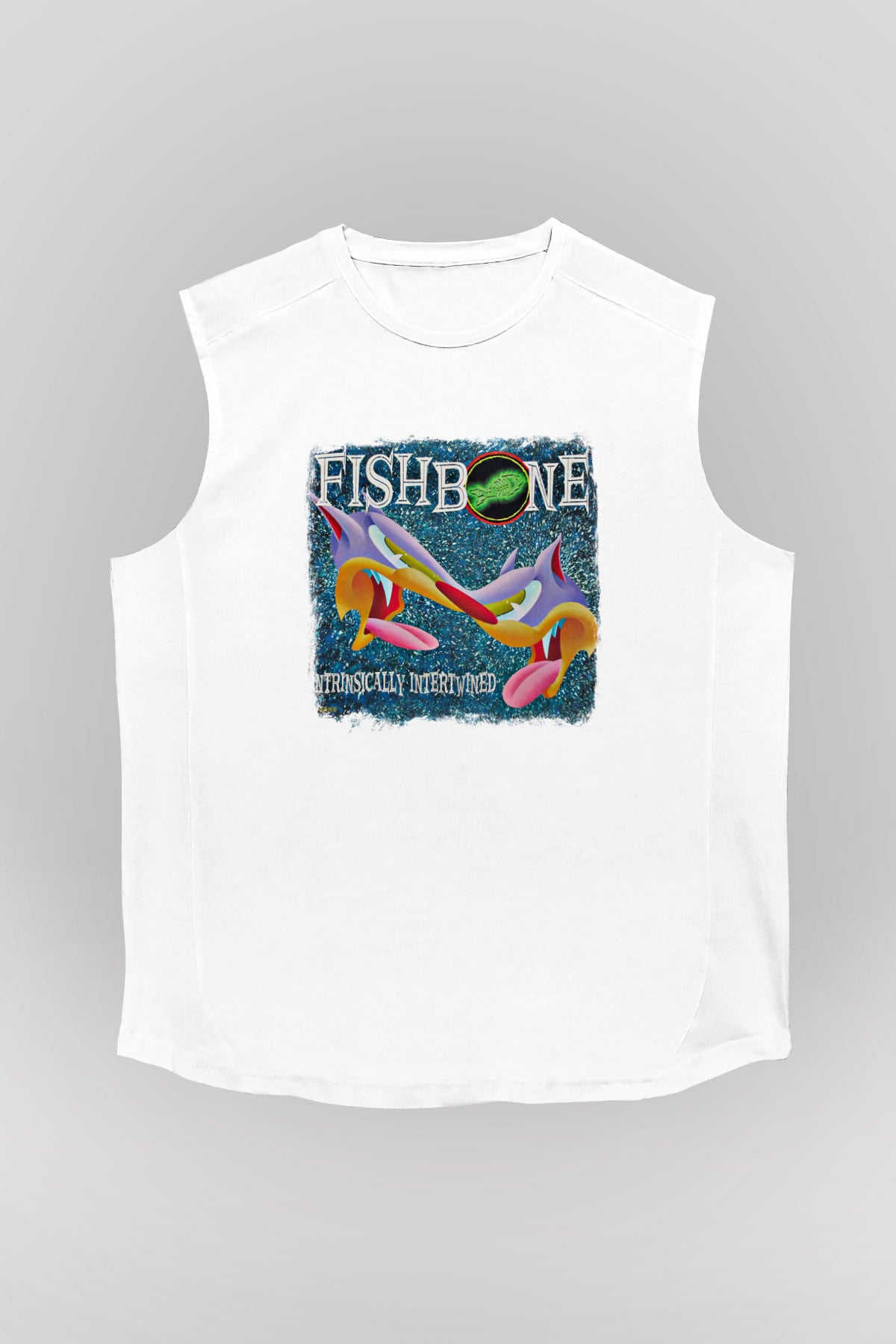 Fishbone Baskılı Unisex Beyaz Kolsuz Tişört